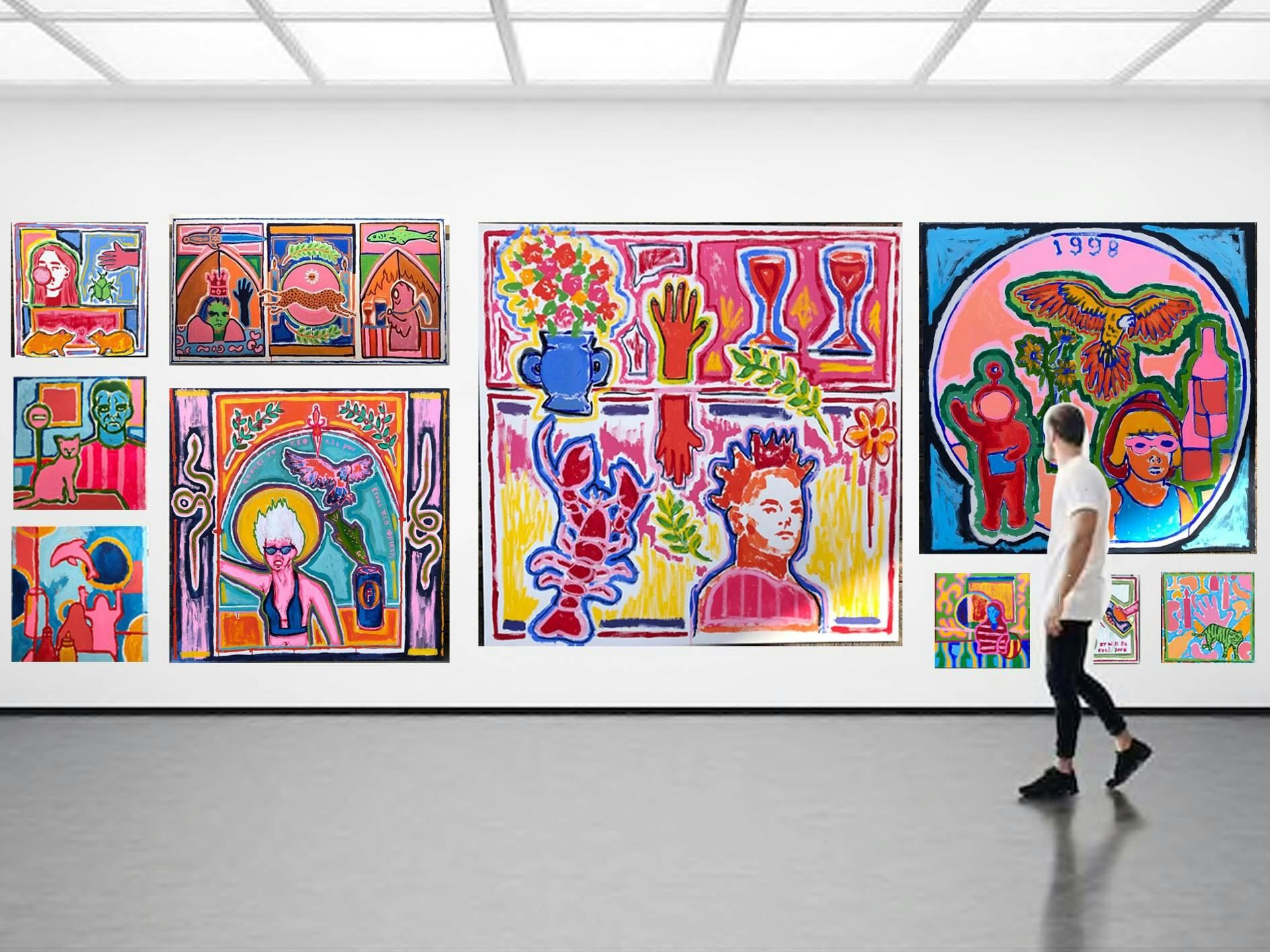 A person walks past a series of colourful paintings displayed on a gallery wall.