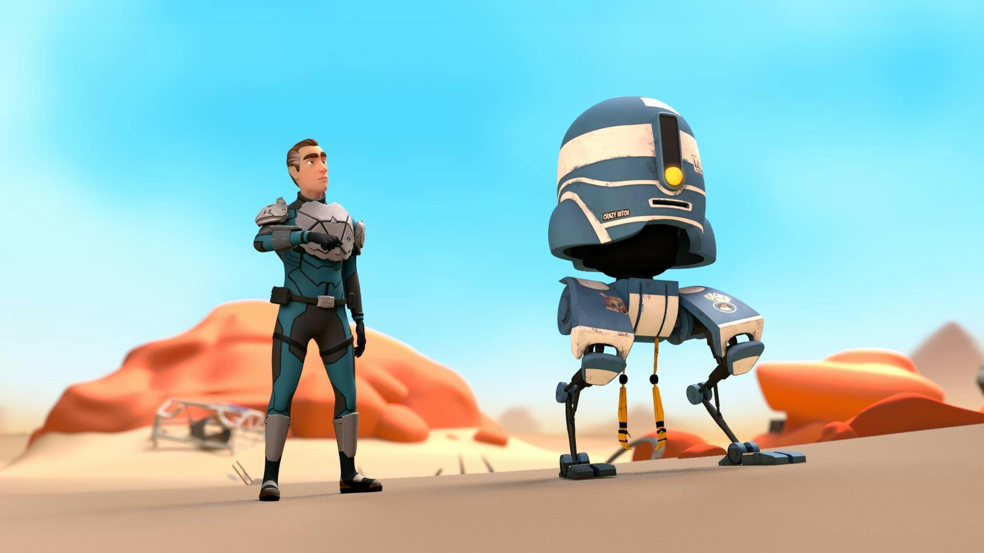 Animated character standing next to robot in a desert.