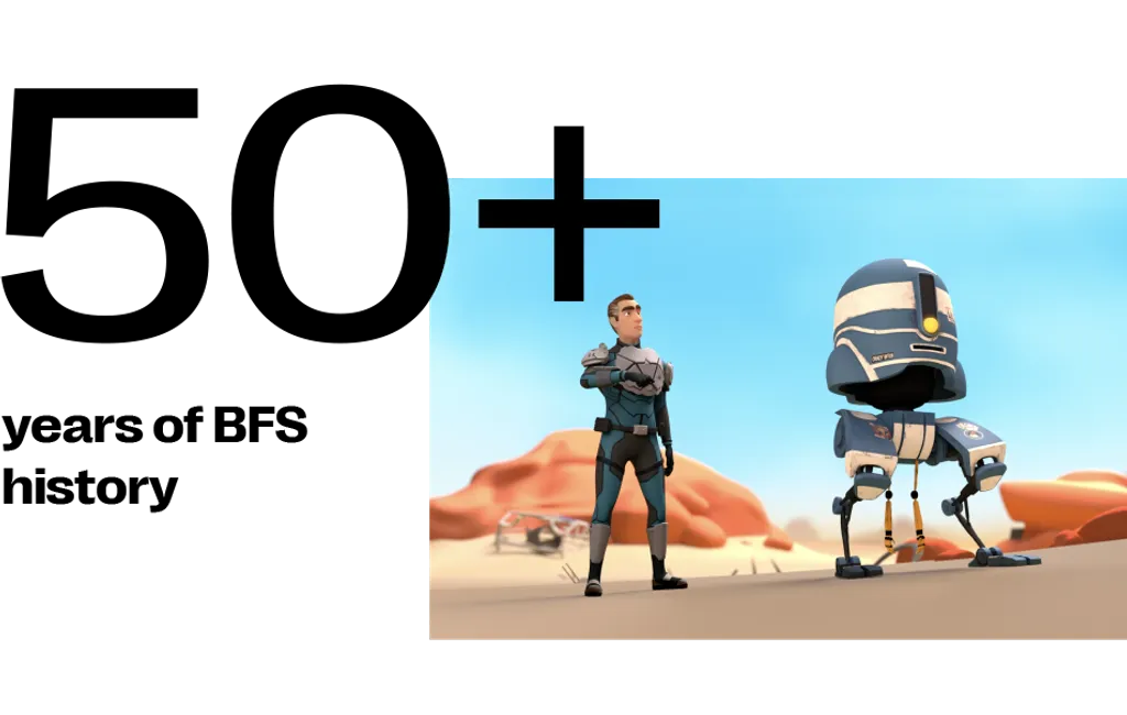 3D animated scene with orange-haired figure in dark clothing standing beside grey robot on sandy surface under blue sky.