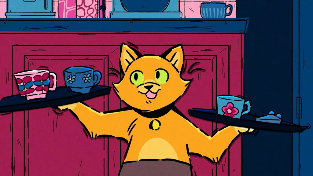 Animation still of a ginger cat carrying teacups on trays.