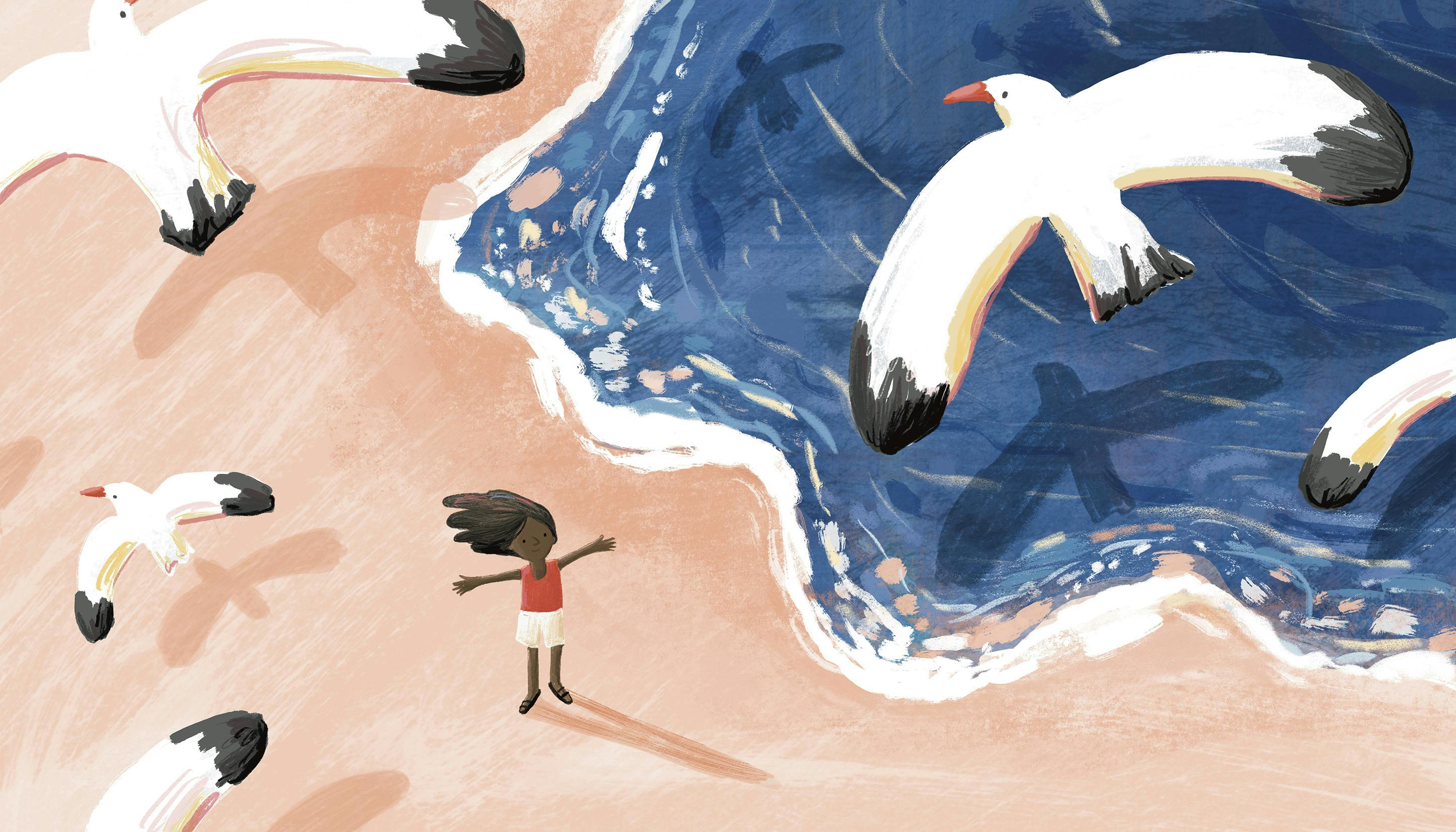 An illustration of seagulls flying over the beach