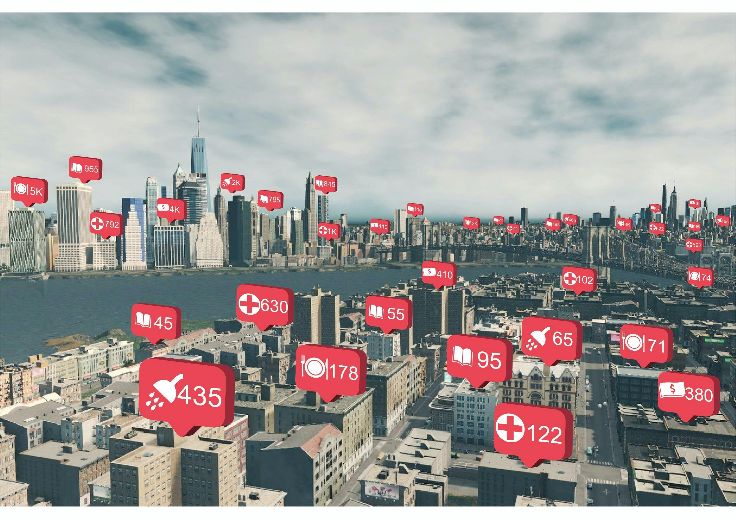 3D render of a city with red icons above each building indicating the number of certain features.