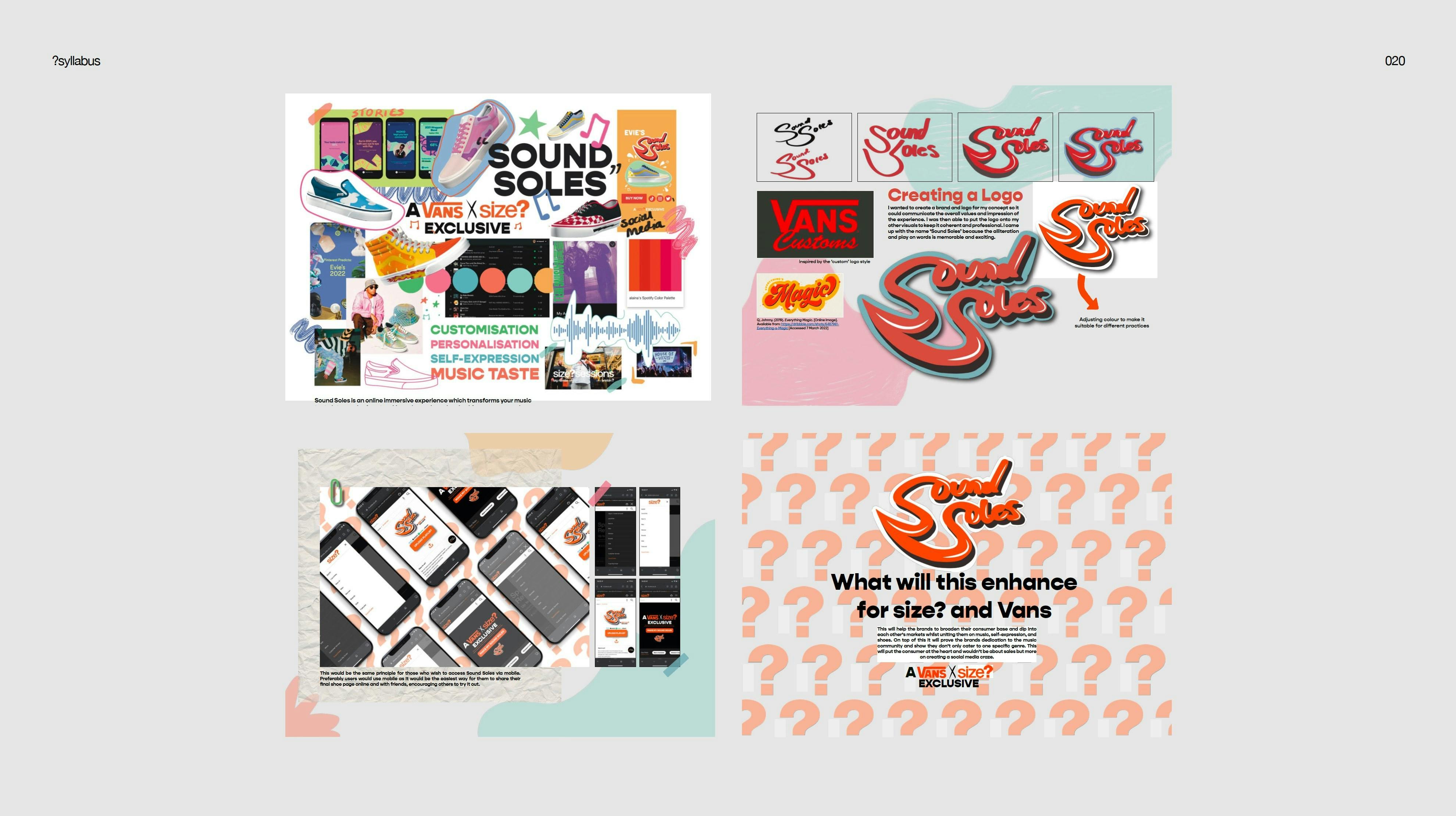 A collection of colourful posters with app mock-ups, logos and collages as part of a collaboration with Vans by Evie Quazi, white background.