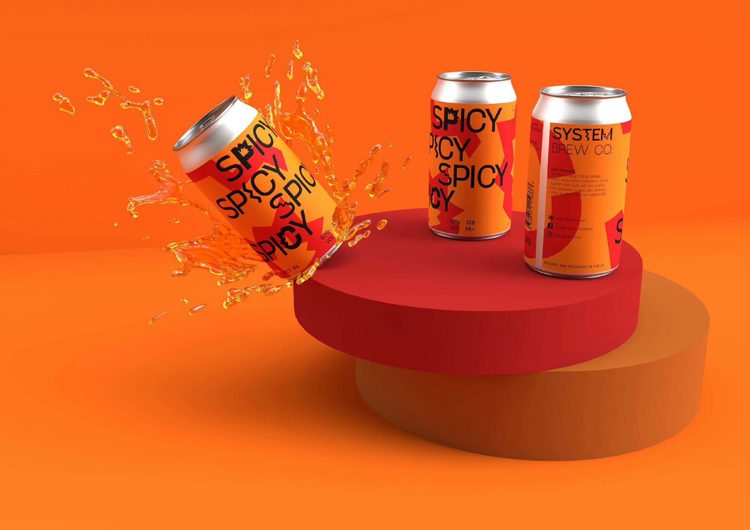 Stylised advert for for an orange canned drink called 'Spicy'