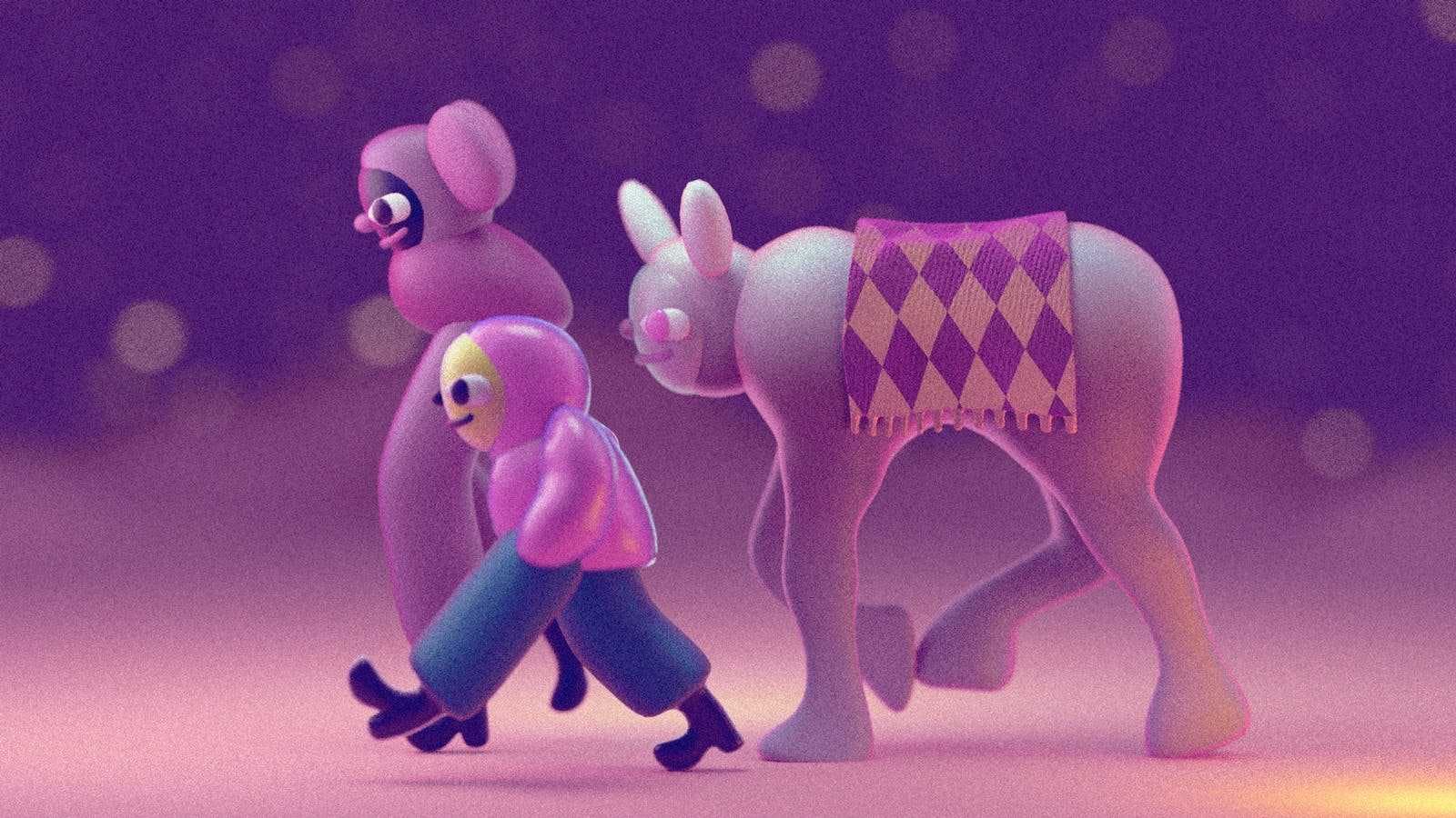 3D Blender models of pink blob characters walking, purple background.