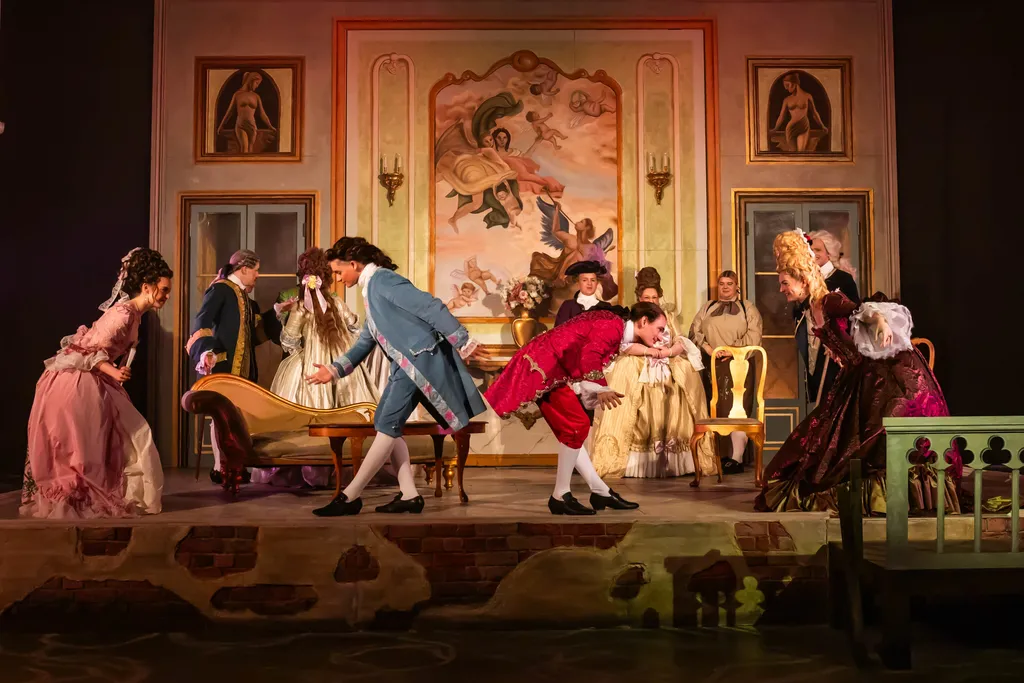 A scene from La Casa Nova at Palace Court Theatre featuring BA (Hons) Acting students in period costume.