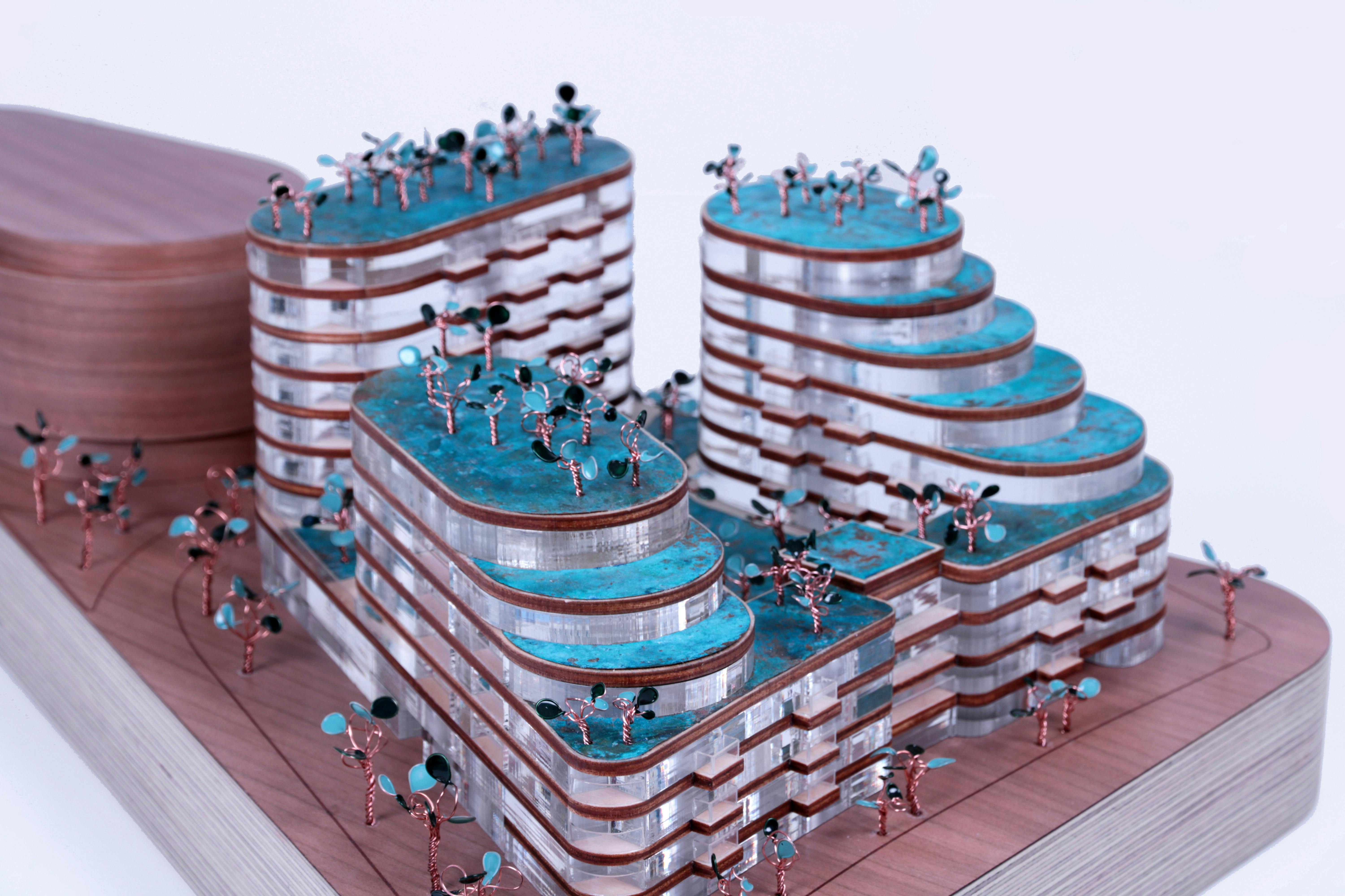 Model of a blue building