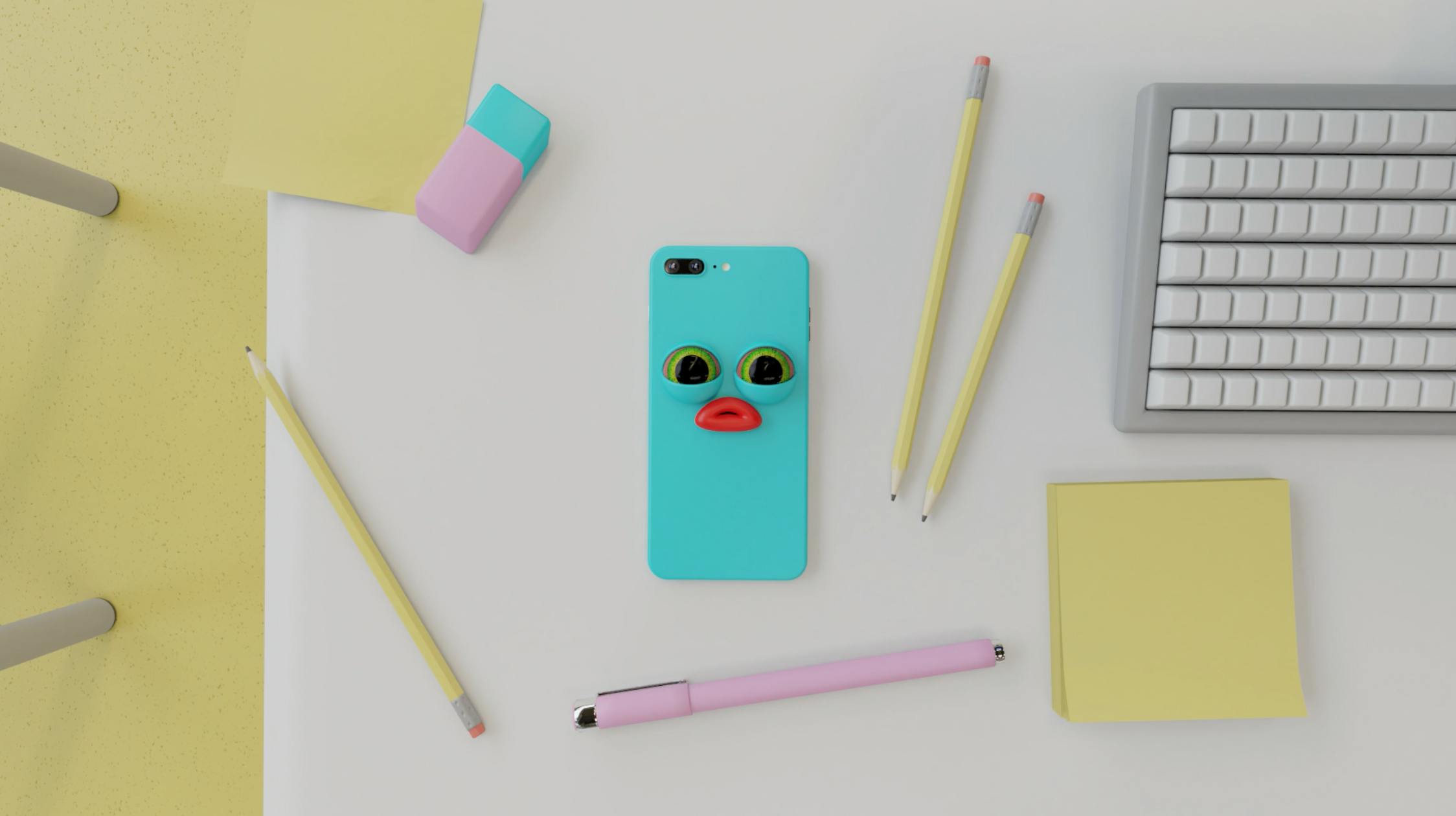 Illustration screenshot of a blue phone with a tired face on a desk.