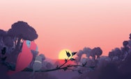 Animation of a pink and blue bird, watching a sunset