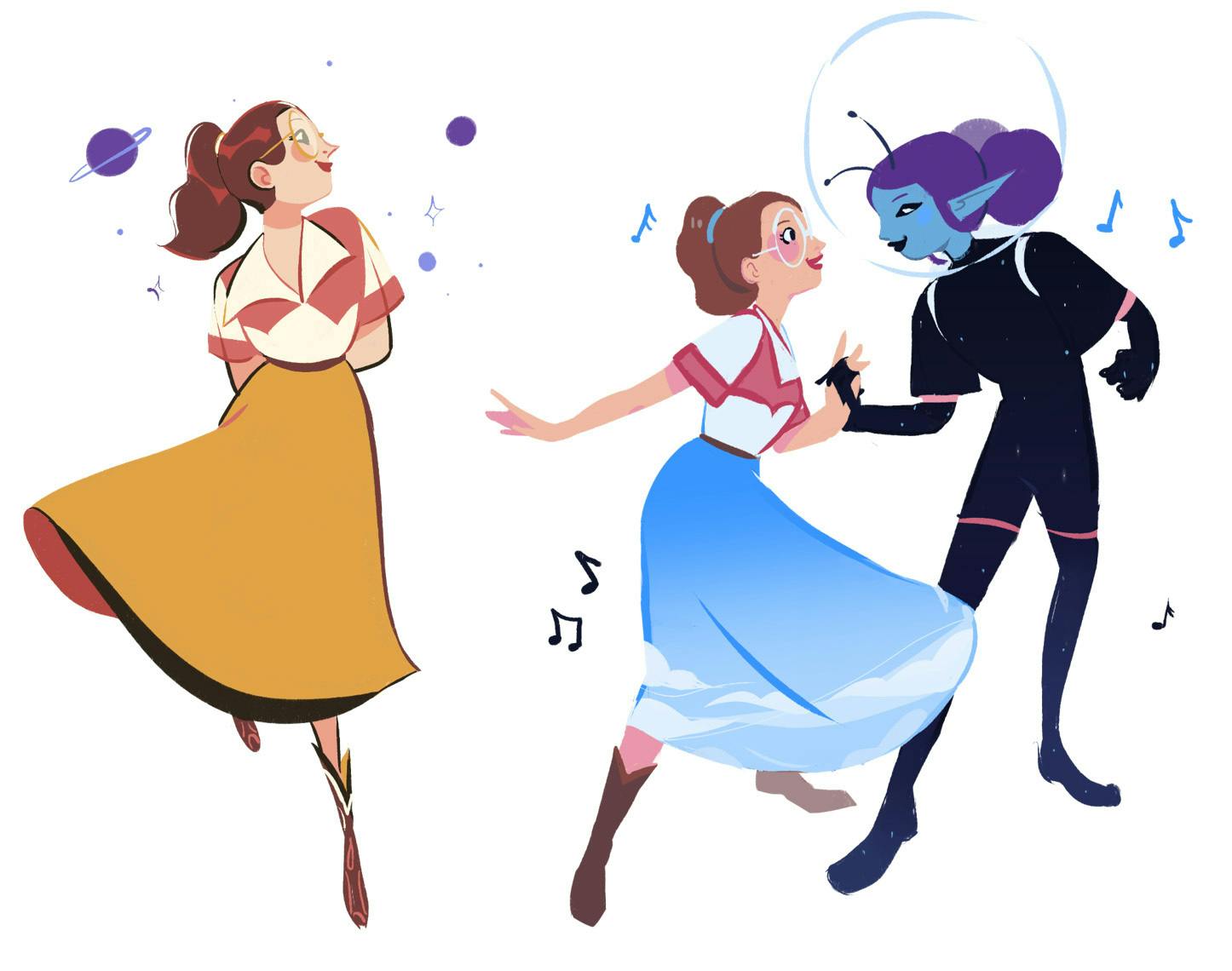 Animation drawing of a women and alien characters dancing.
