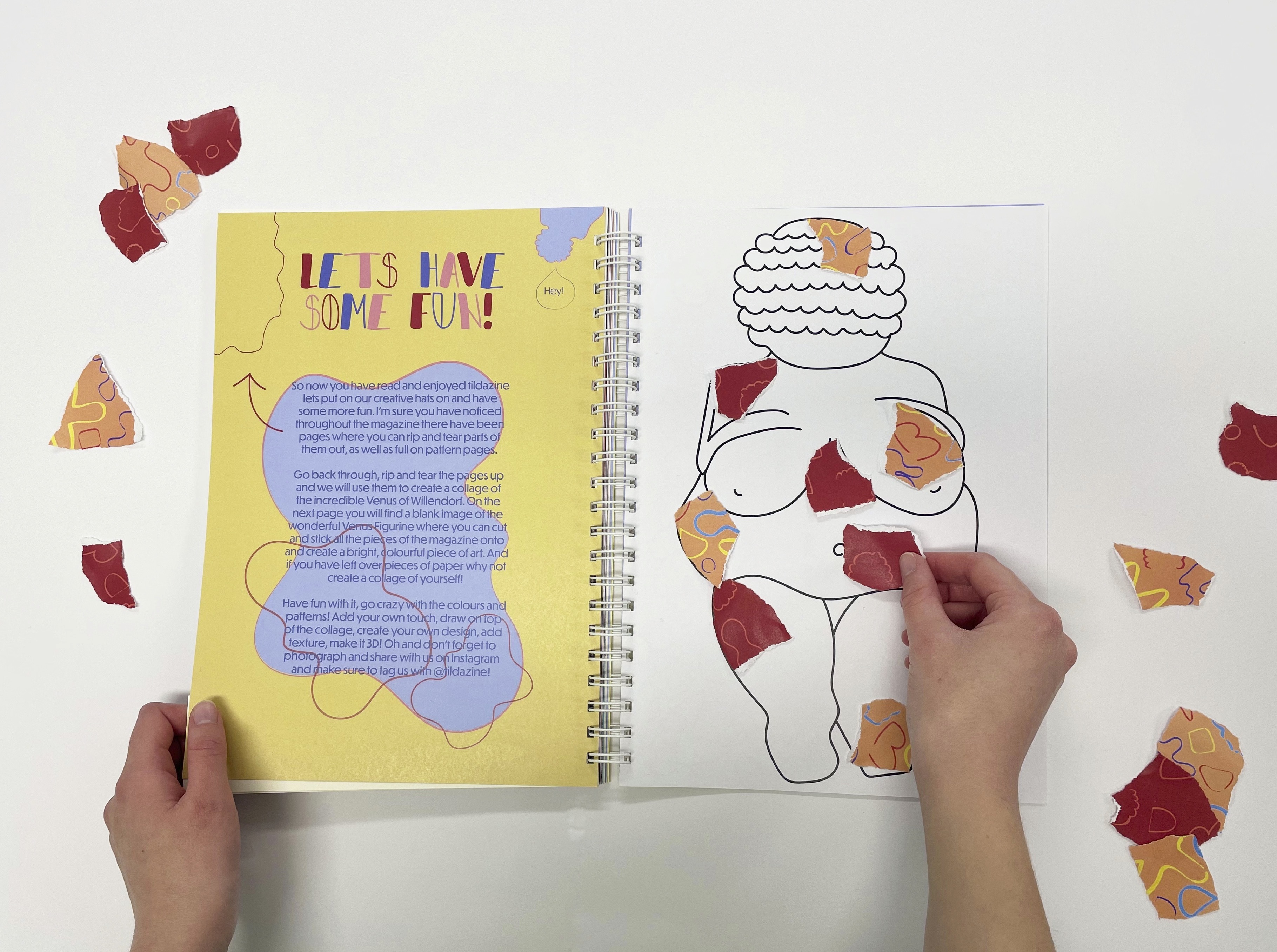 photograph of hands interaction with publication, inside pages collaged female form