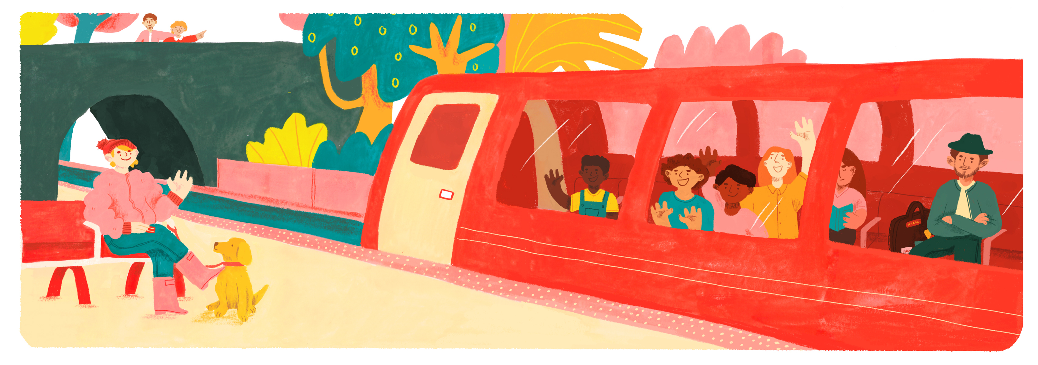 Children's book spread of a girl with dog saying hello to friends on a red train.