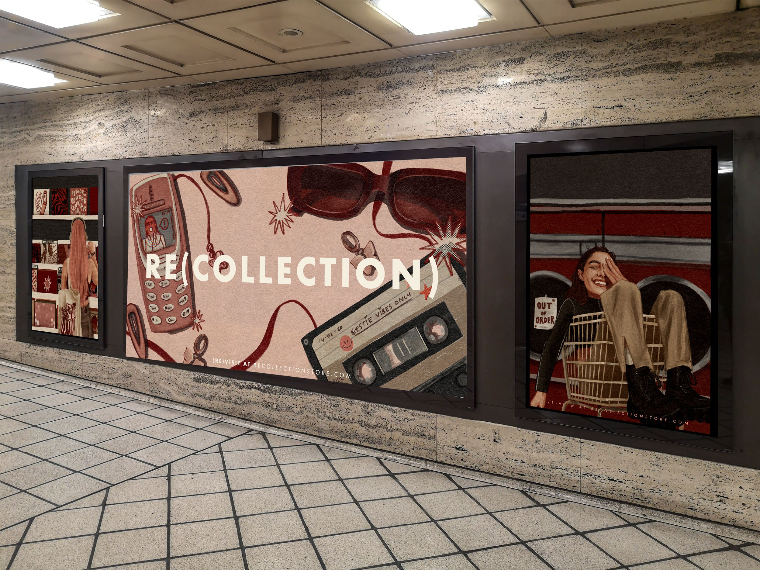 Billboard in underground tube station for fashion, Re(collection) illustrated adverts.