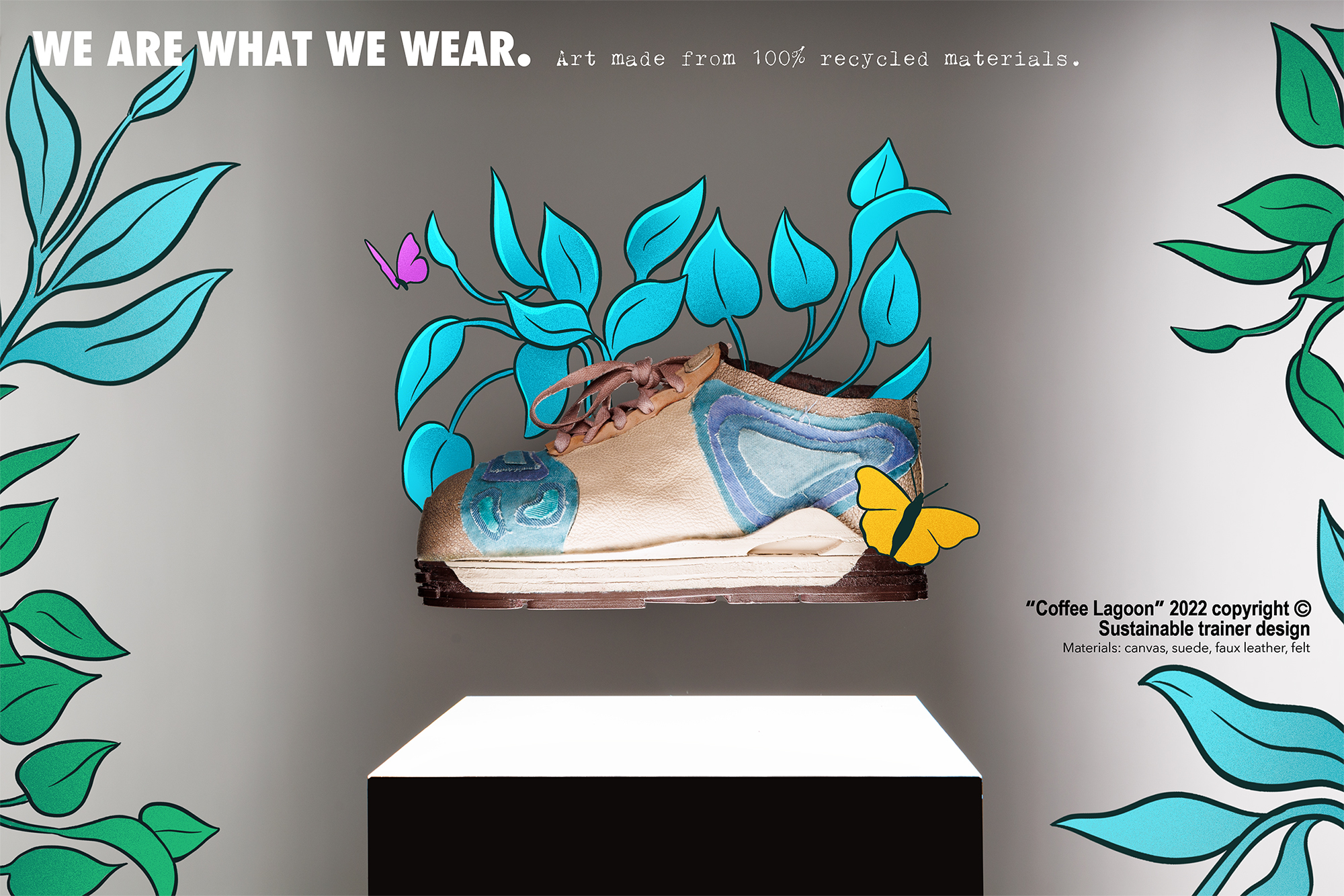 Advertising model of a fully sustainable shoe with illustrated foliage, white background.