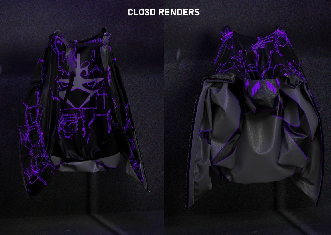 CLO3D renders of a futuristic jacket with a purple design under UV lighting.