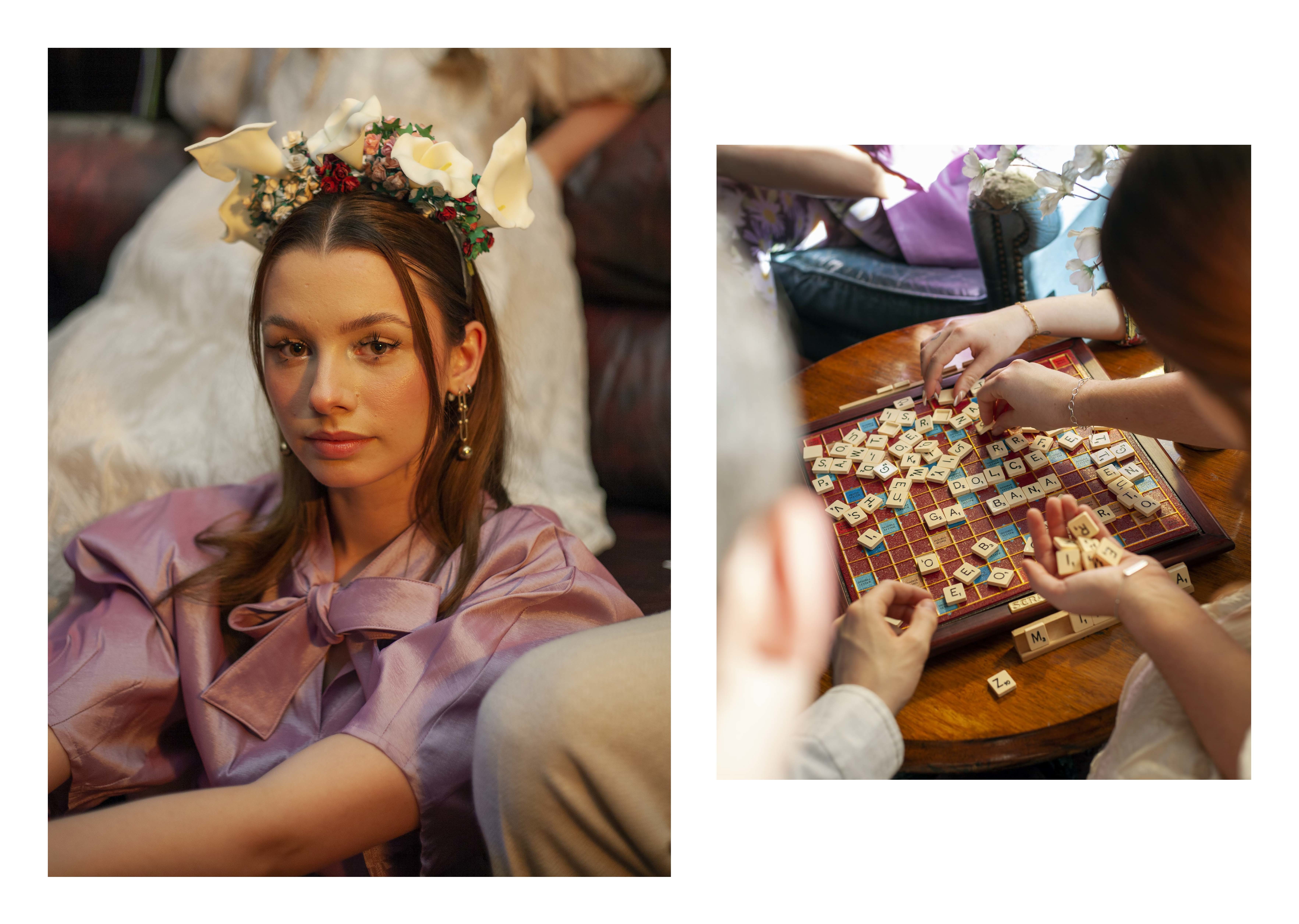 image of young feminine model wearing purple satin shirt and flowers in hair. image on right shows people playing scrabble