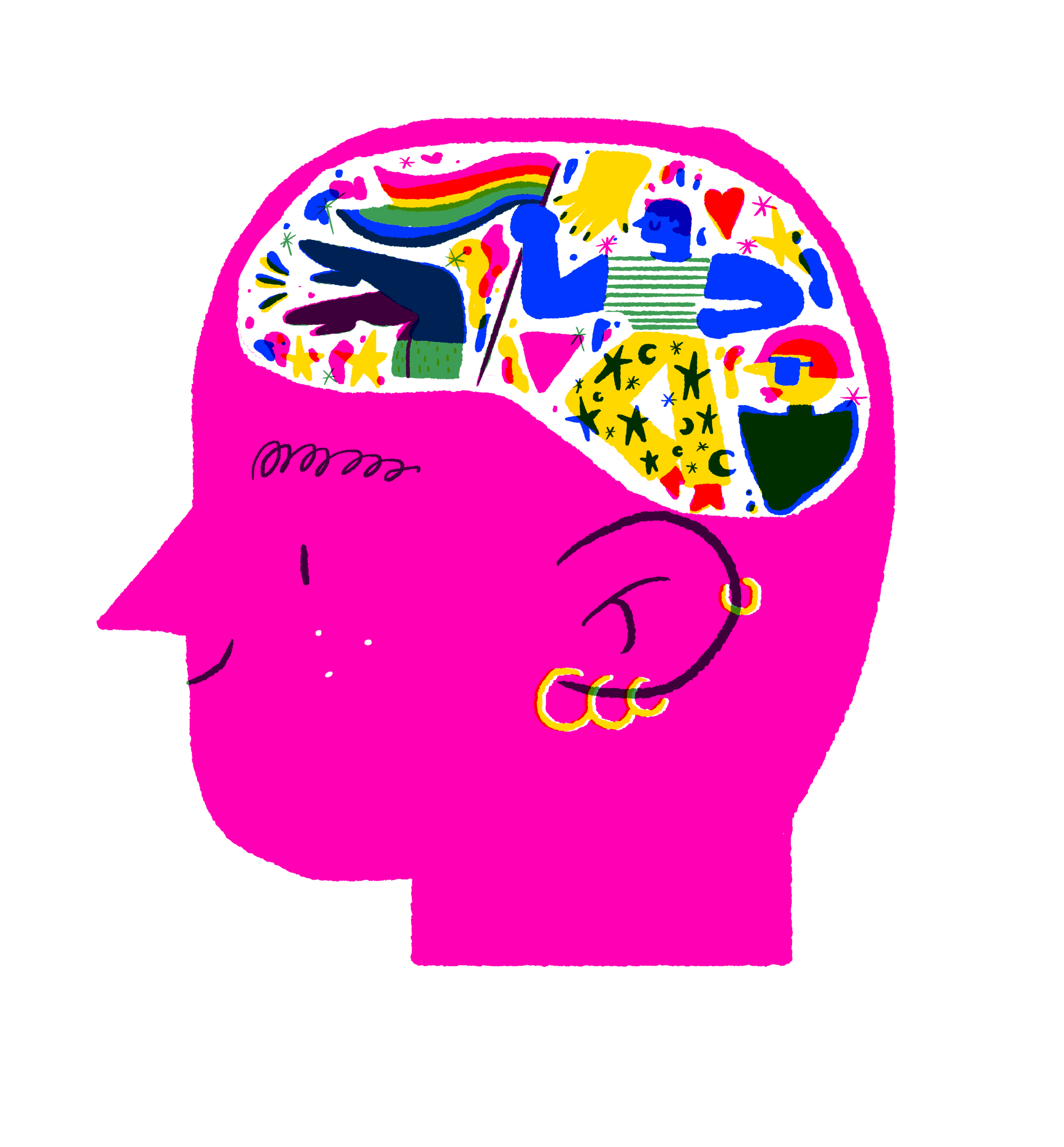 Illustration of a pink head with gold earrings and colourful doodles in the mind.