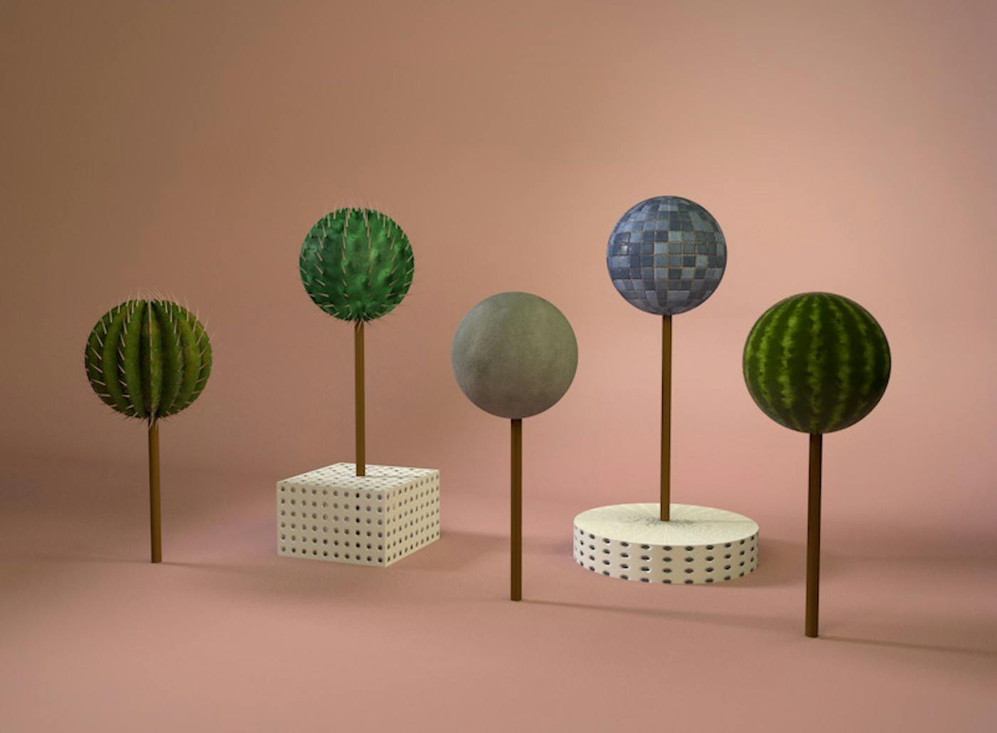 Five illustrated circles (one representing a watermelon, two representing cacti, one representing a disco ball and the other representing a moon) on sticks reminiscent of trees