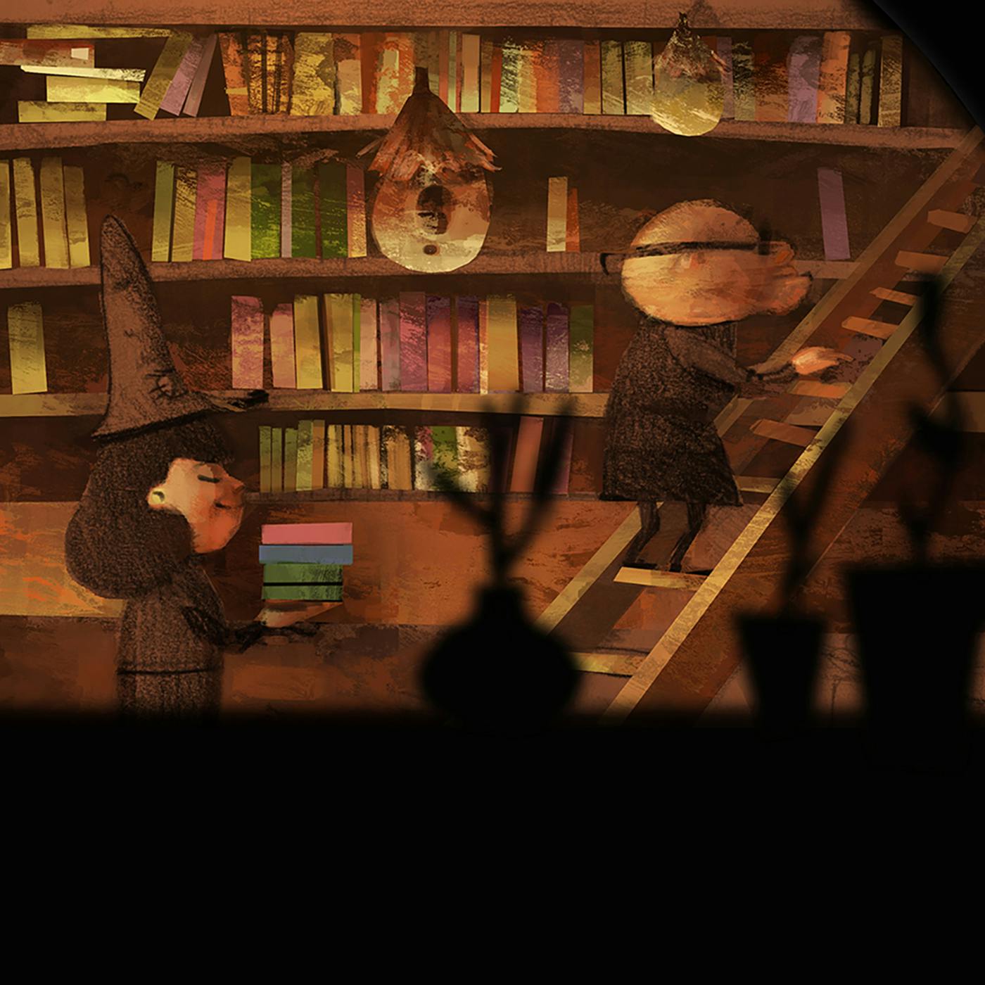 Animation of a women holding books in a library, whilst a man with glasses in walking up a ladder