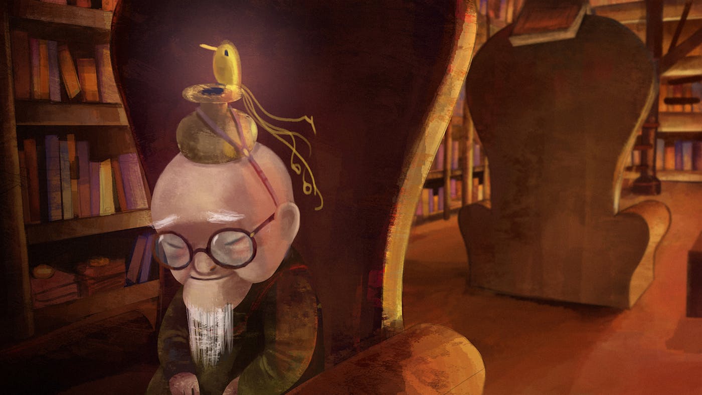 Illustration of an old man with a white beard and round glasses sitting on a chair.