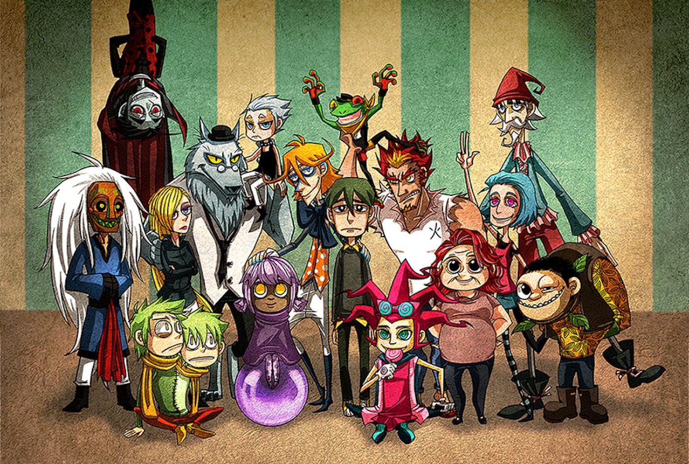 A groups of illustrated characters with unusual and exaggerated features, including a vampire and a werewolf