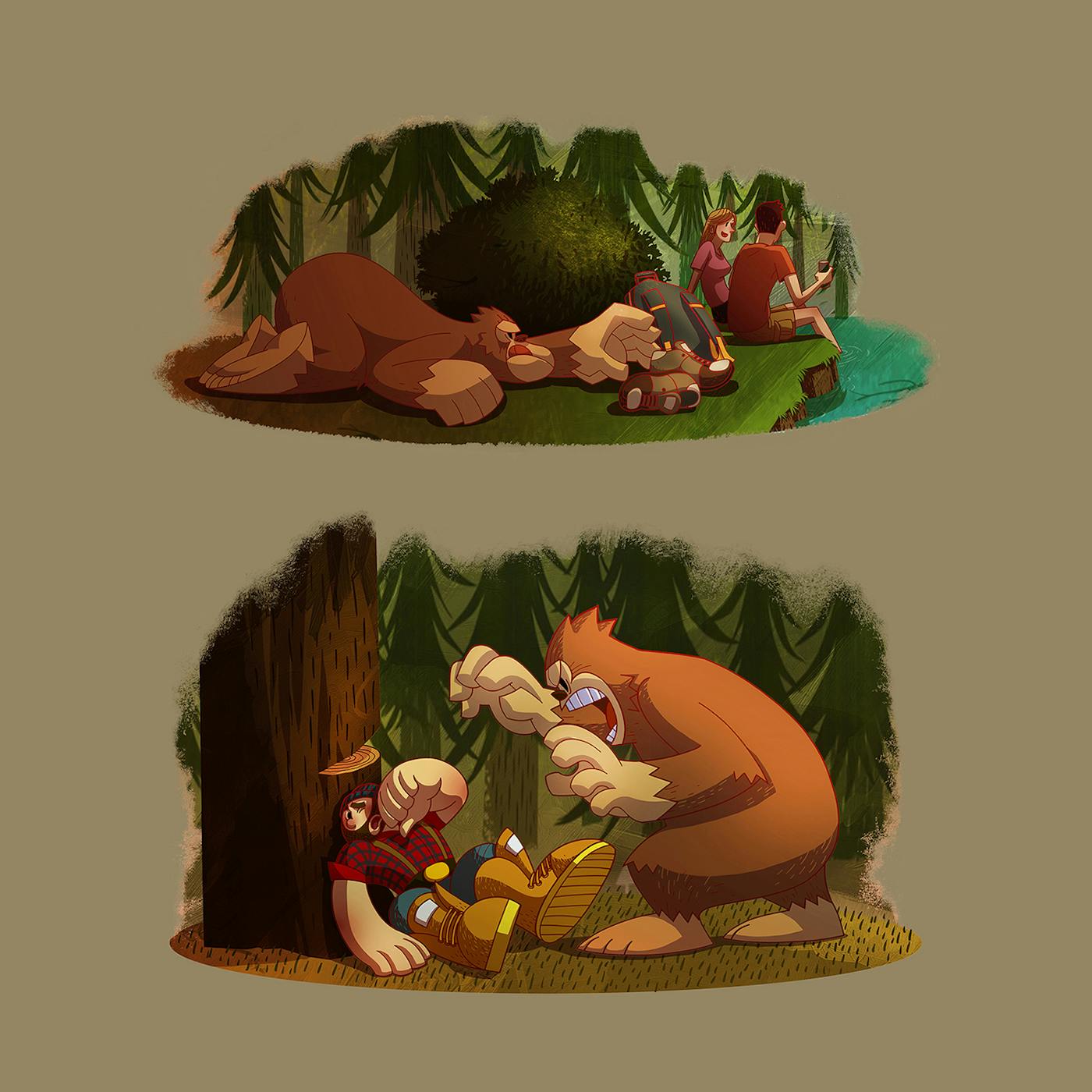 Illustration of a Gorilla stealing a shoe and scaring a man