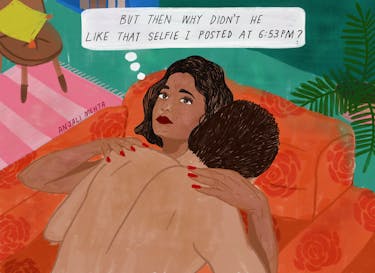 Graphic image of a women wondering why her partner did not like the selfie she posted