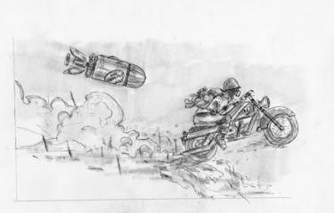 Sketch of a man wearing a gas mask riding away on a motorbike with a bomb labeled 'reality' in the background