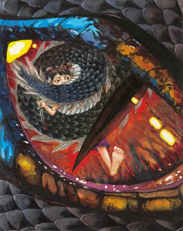 Painting of a dragon's eye as it's captured a girl holding a sword