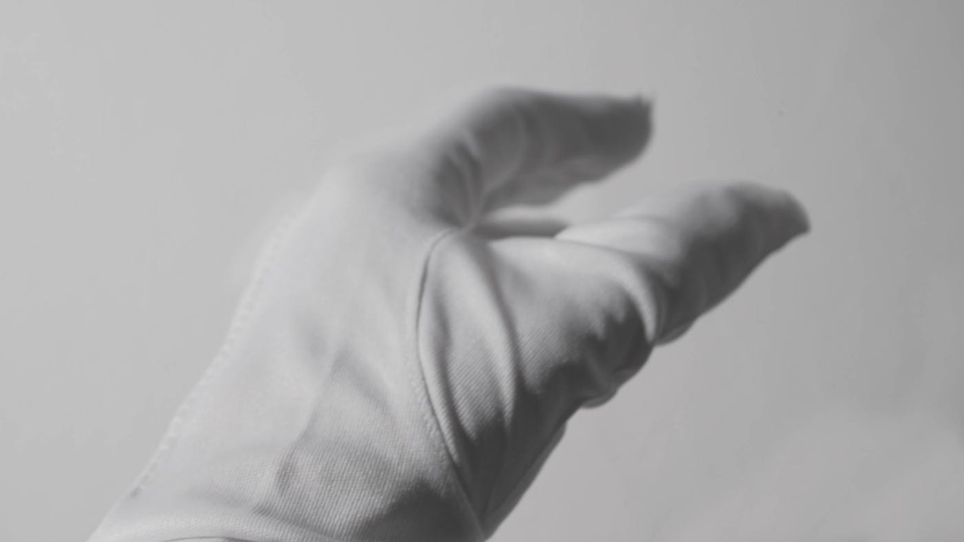 Photograph of a hand wearing a white glove against a white wall
