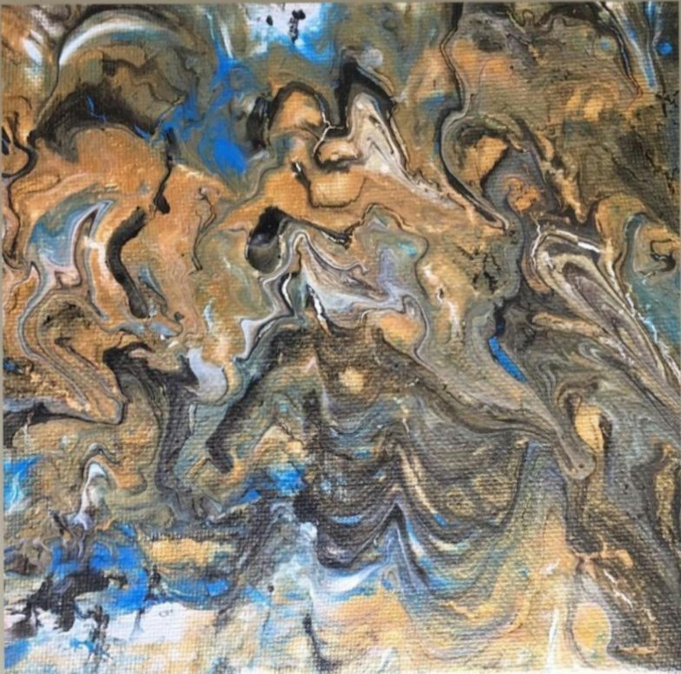 Artwork of blue, orange, white, black paint swirled onto a canvas