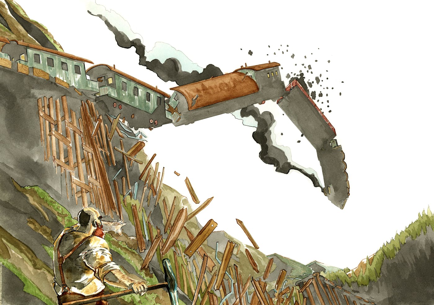 Illustration of a train coming of the rails