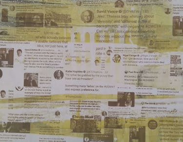Multiple political tweets stitched together with a yellow print on top