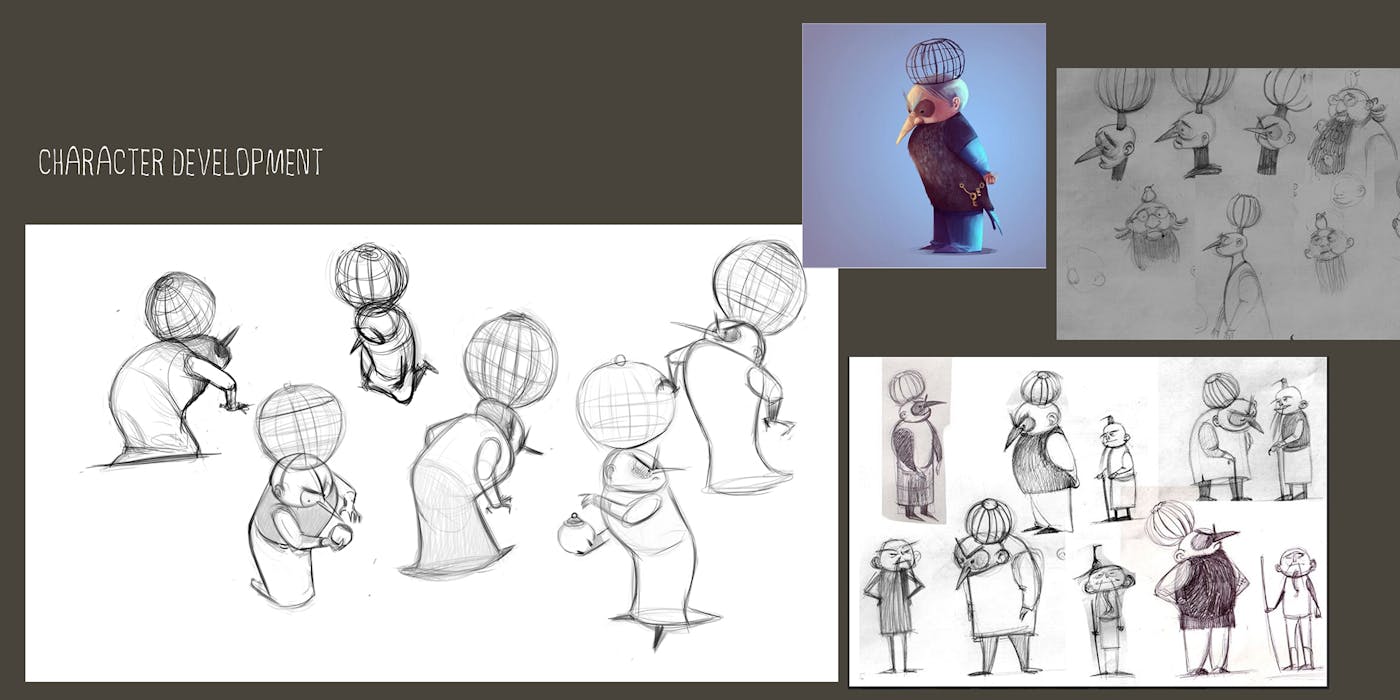 Collage of drawn images showing development of a character