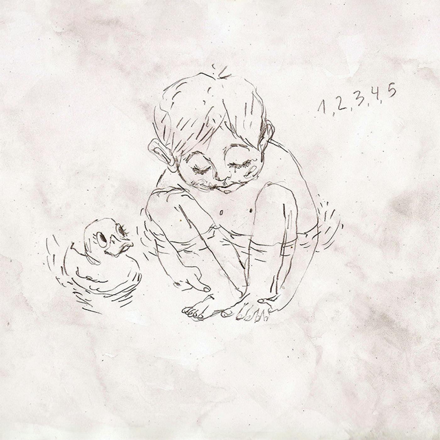 Hand-drawn Illustration of a boy sat in water with a duck next to him.