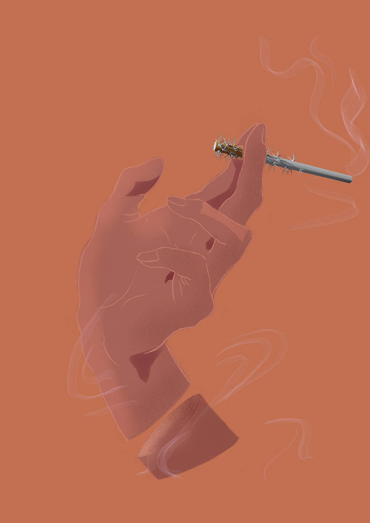 an Illustrated hand holding a cigarette with spikes over the mouth piece