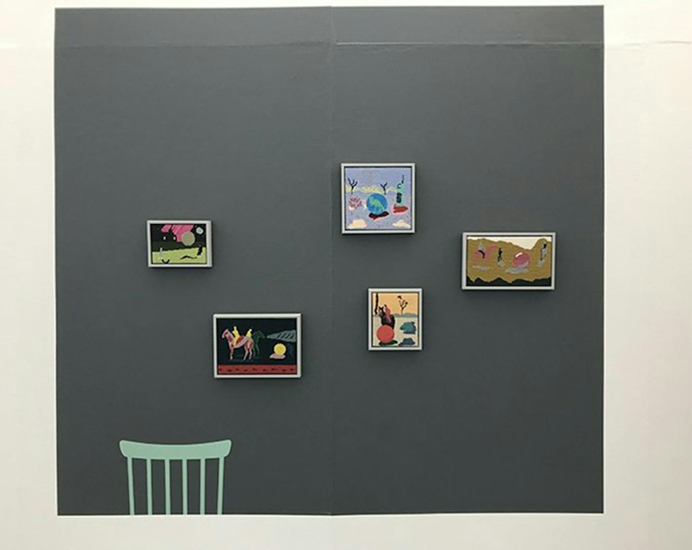 5 small painting hung on a black wall with a green chair in the left bottom corner