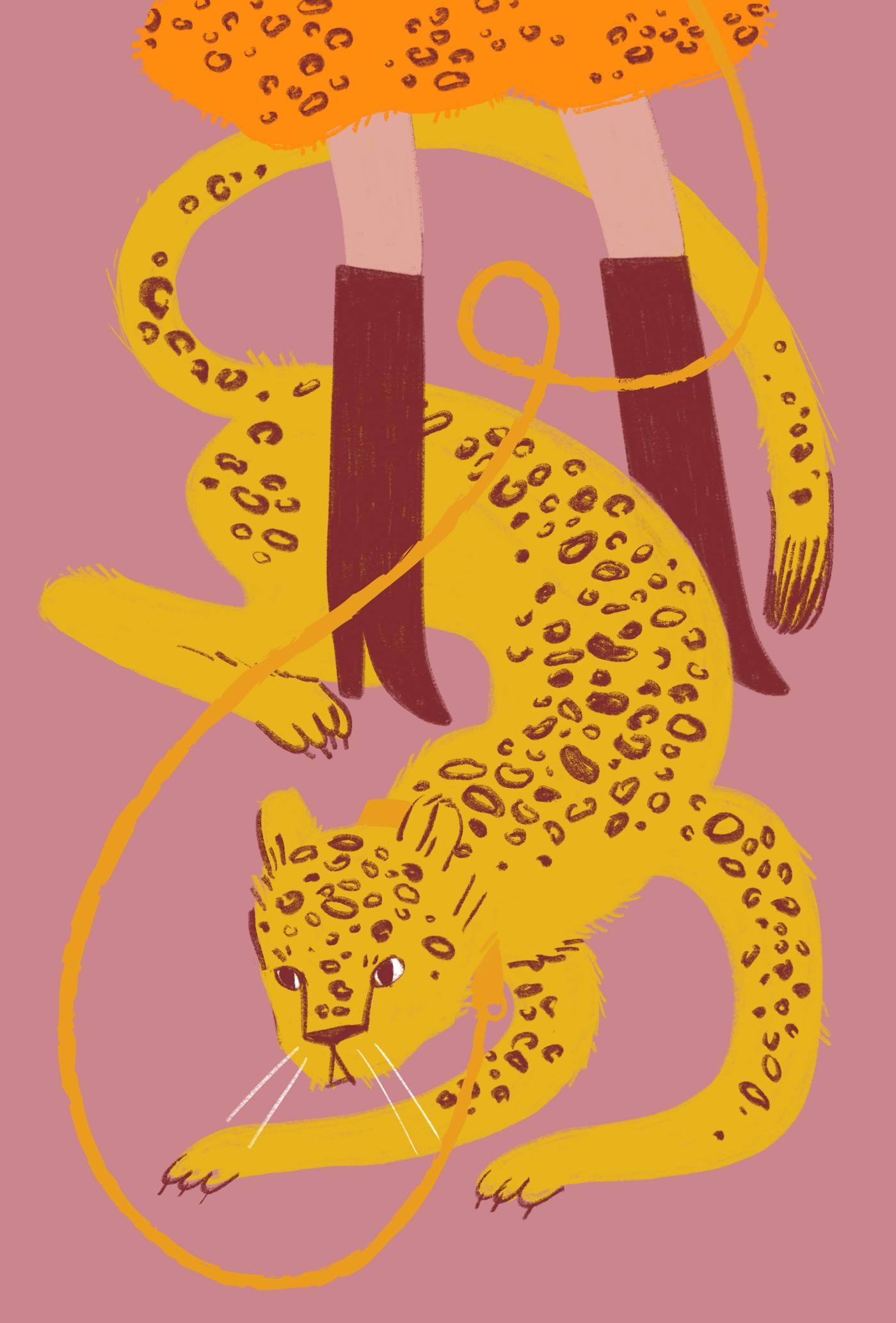 Illustration of a leopard walking in between a women's leg