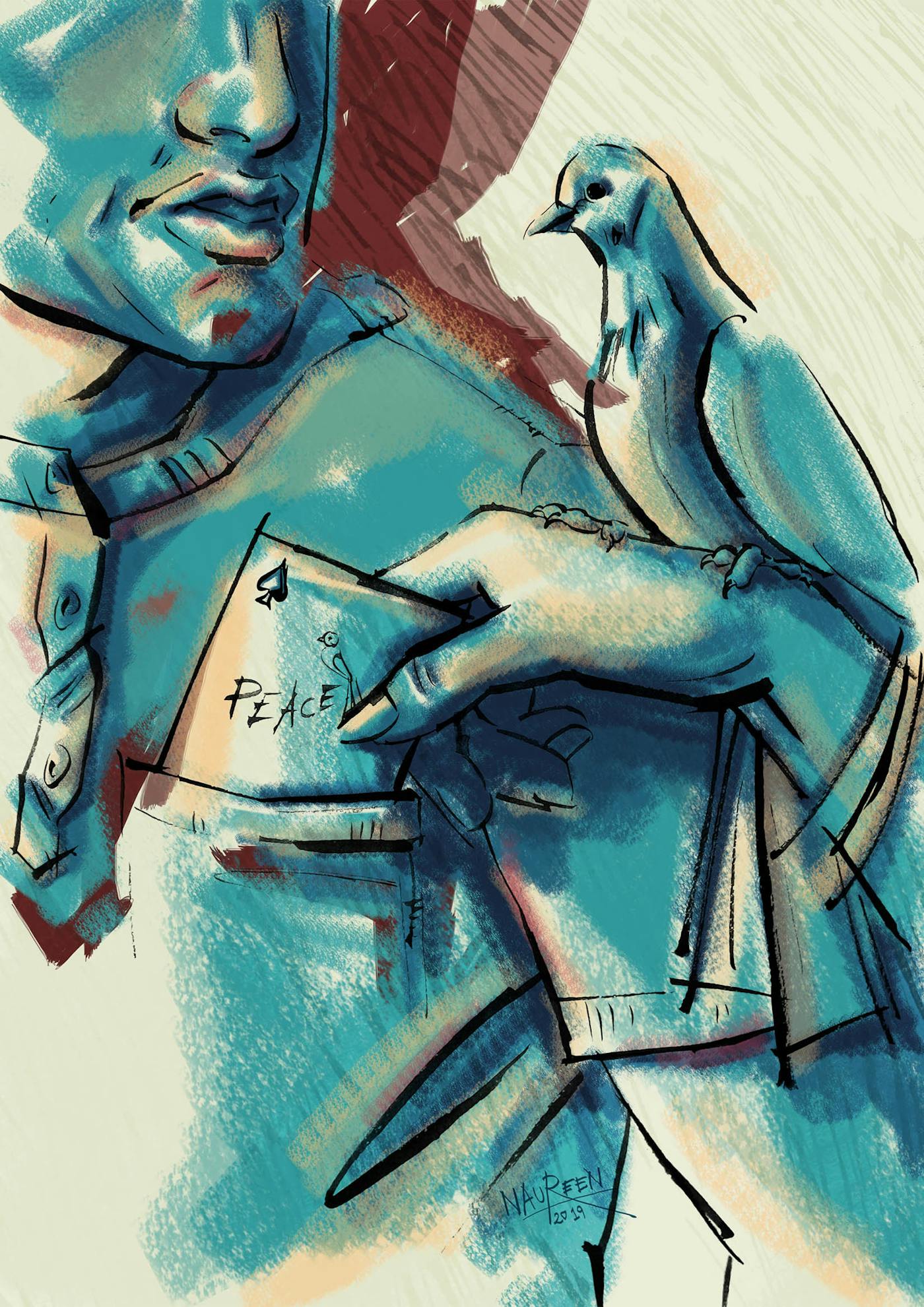 Illustration of a bird on a mans shoulder as someone take a card with the word 'peace' written on it out of his pocket