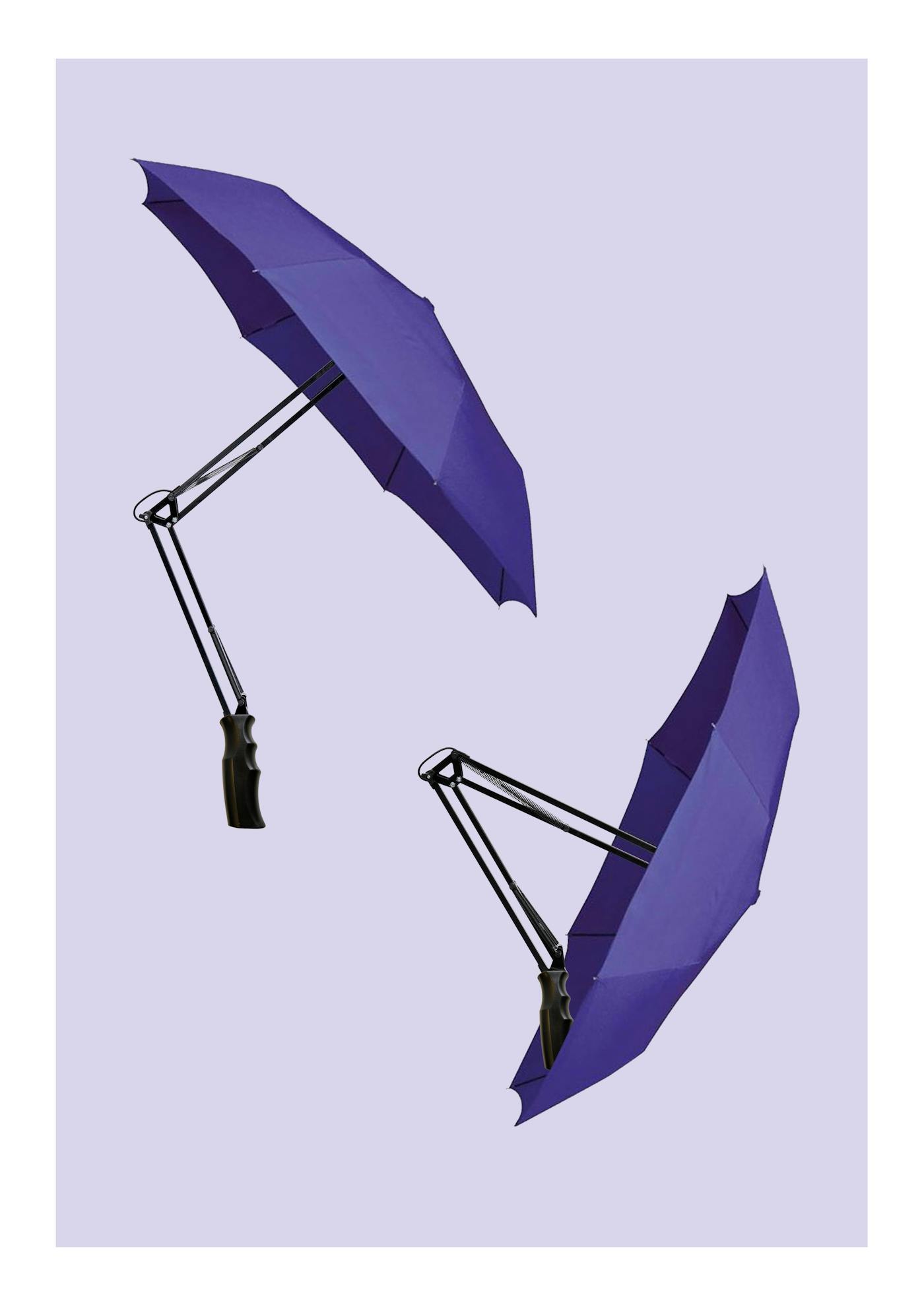 Two angle poise lamps with umbrellas instead of lightbulbs