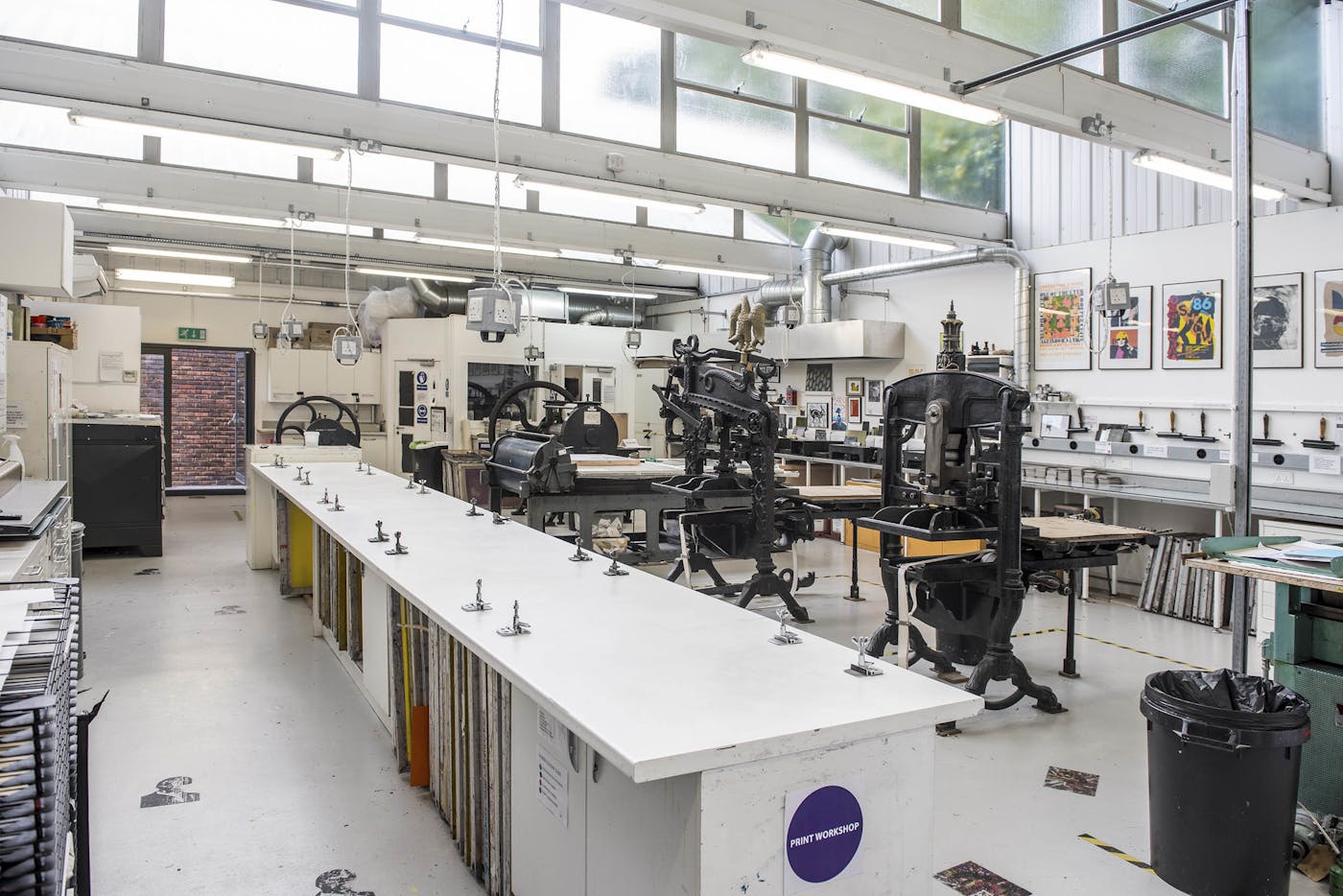 The printroom with three printing presses and Screen printing areas
