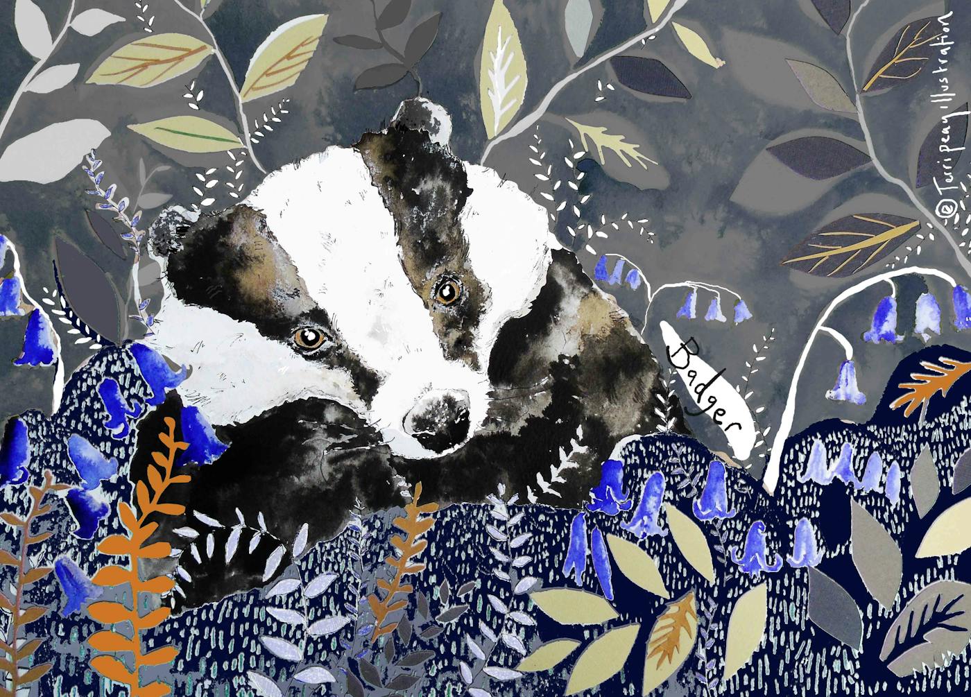 Illustration of a Badger in multicoloured leaves
