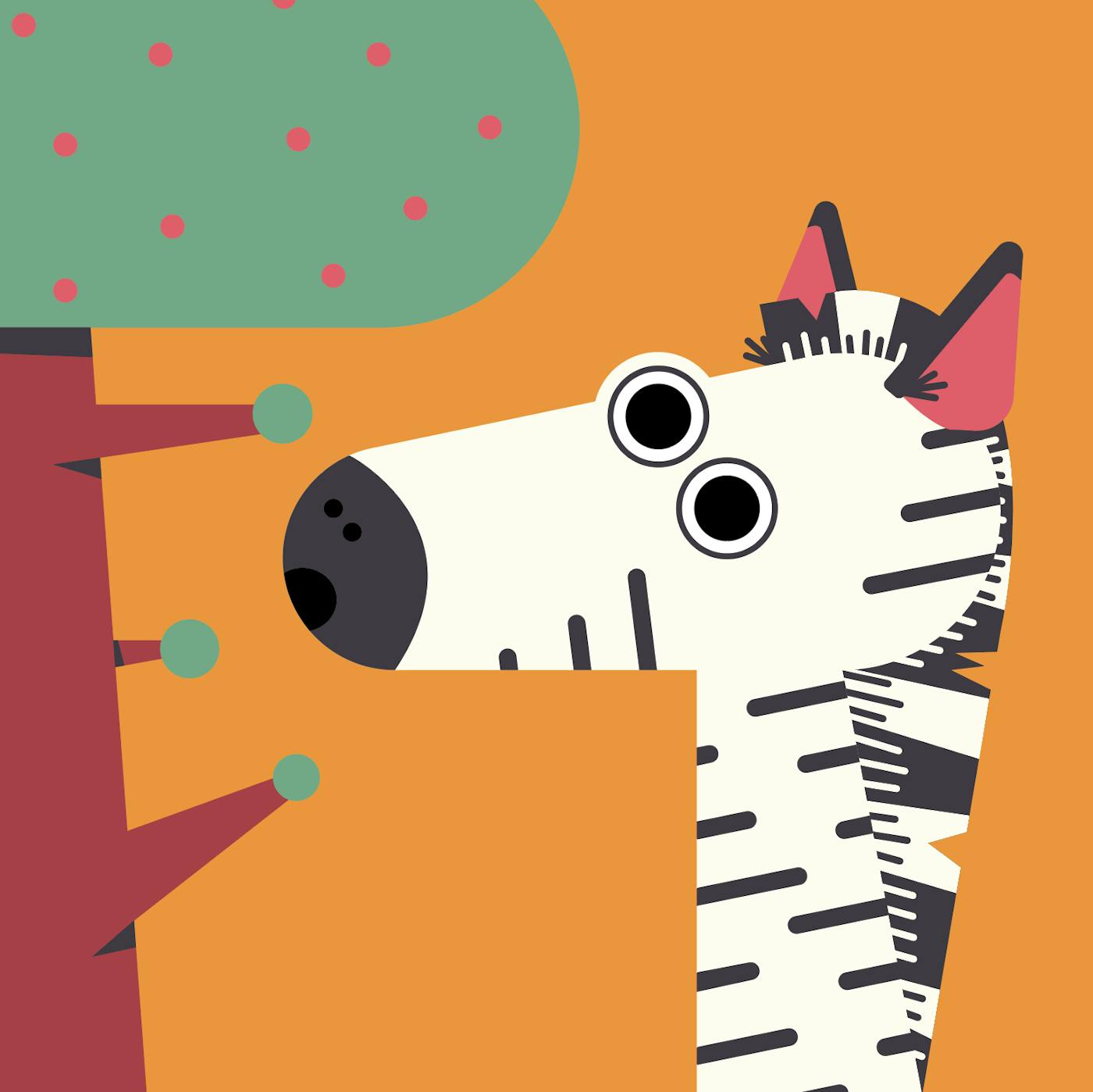 Illustration of a zebra stood next to a tree