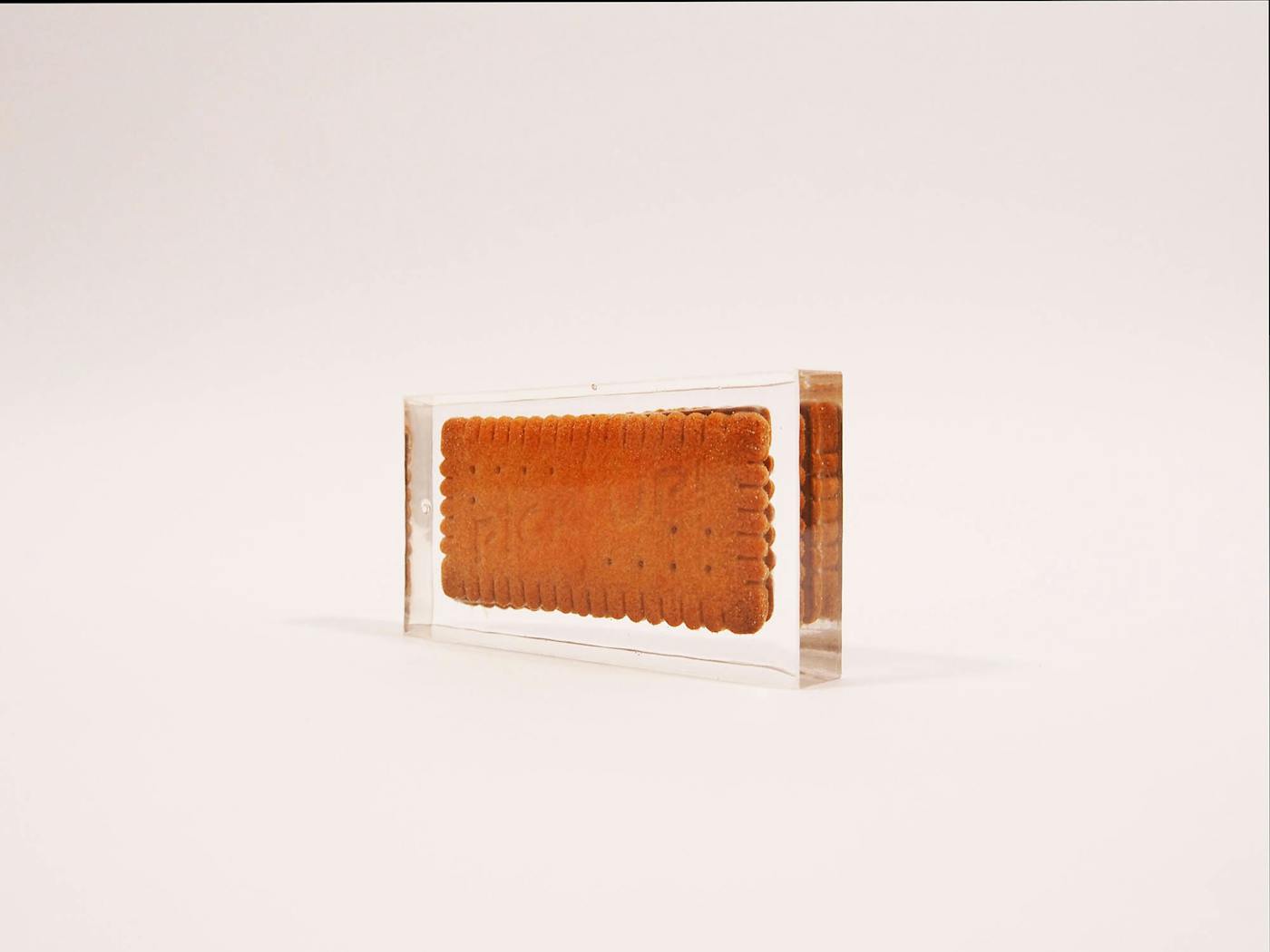 A 'Nice' biscuit encased in a clear display box
