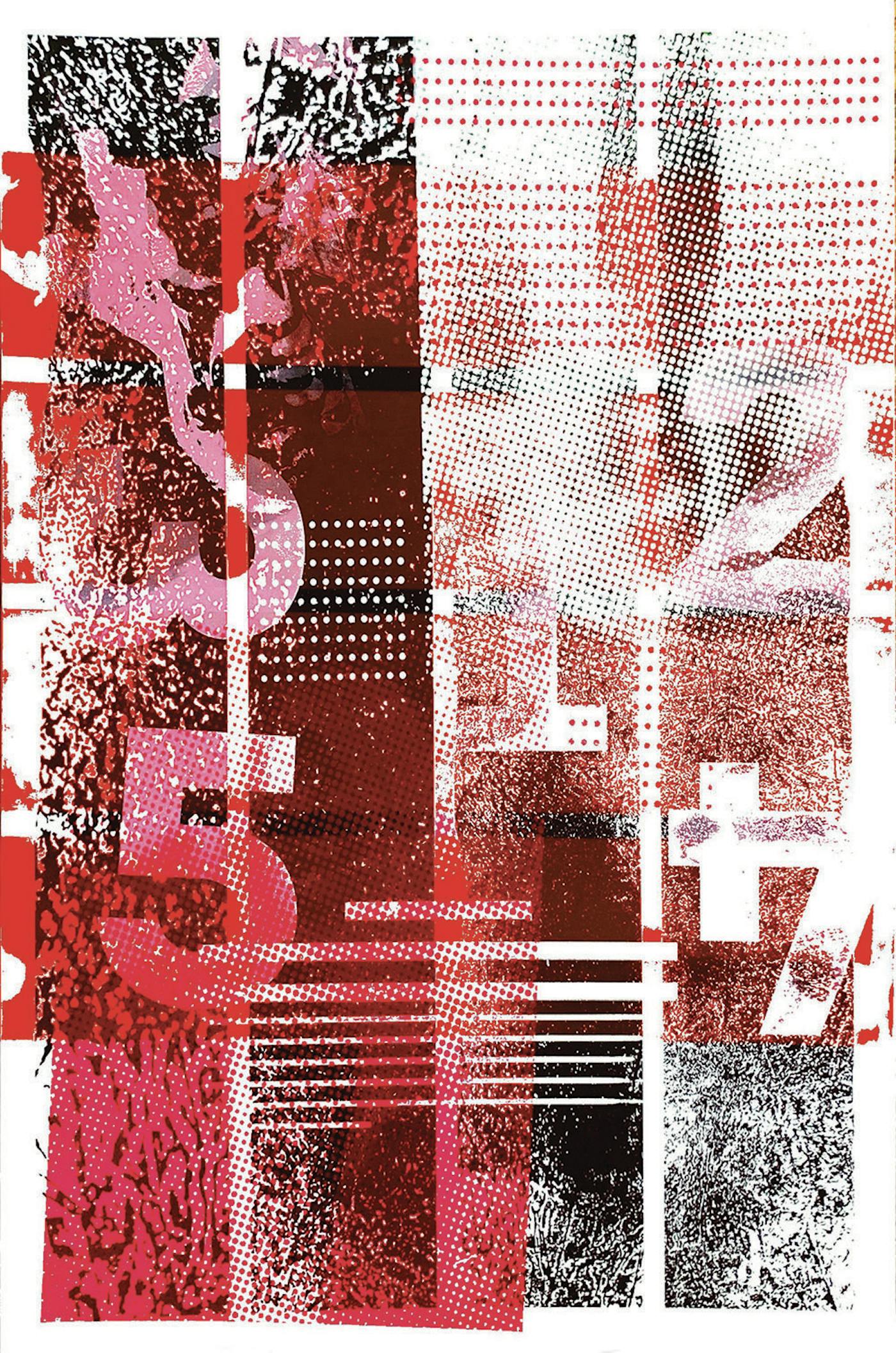 Screen print of black, red and white numbers and shapes