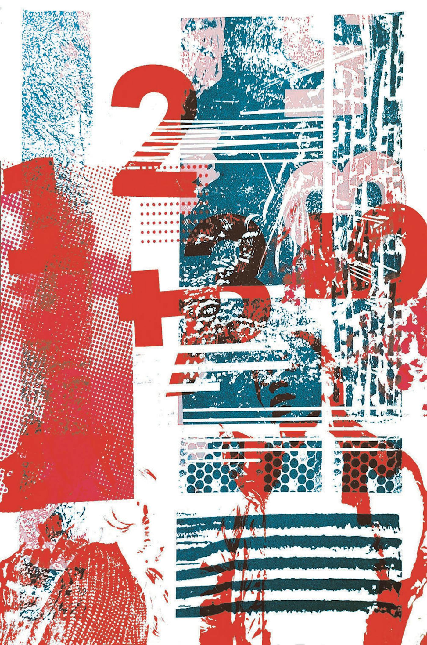 Screen print using red and black abstract shapes and numbers