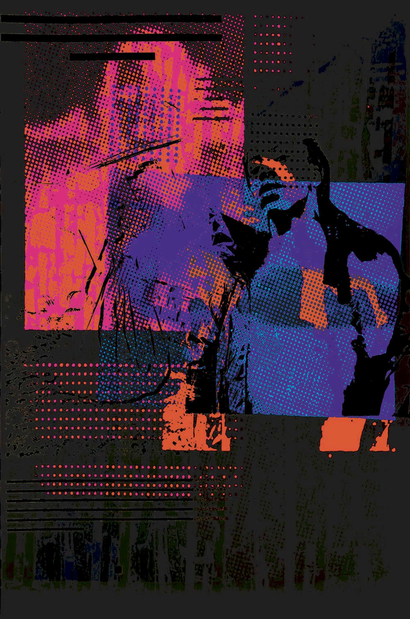 Screen print of abstract red and blue shapes