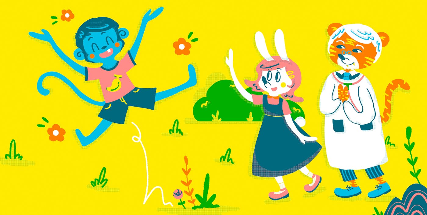 A blue monkey, rabbit and tiger playing together.