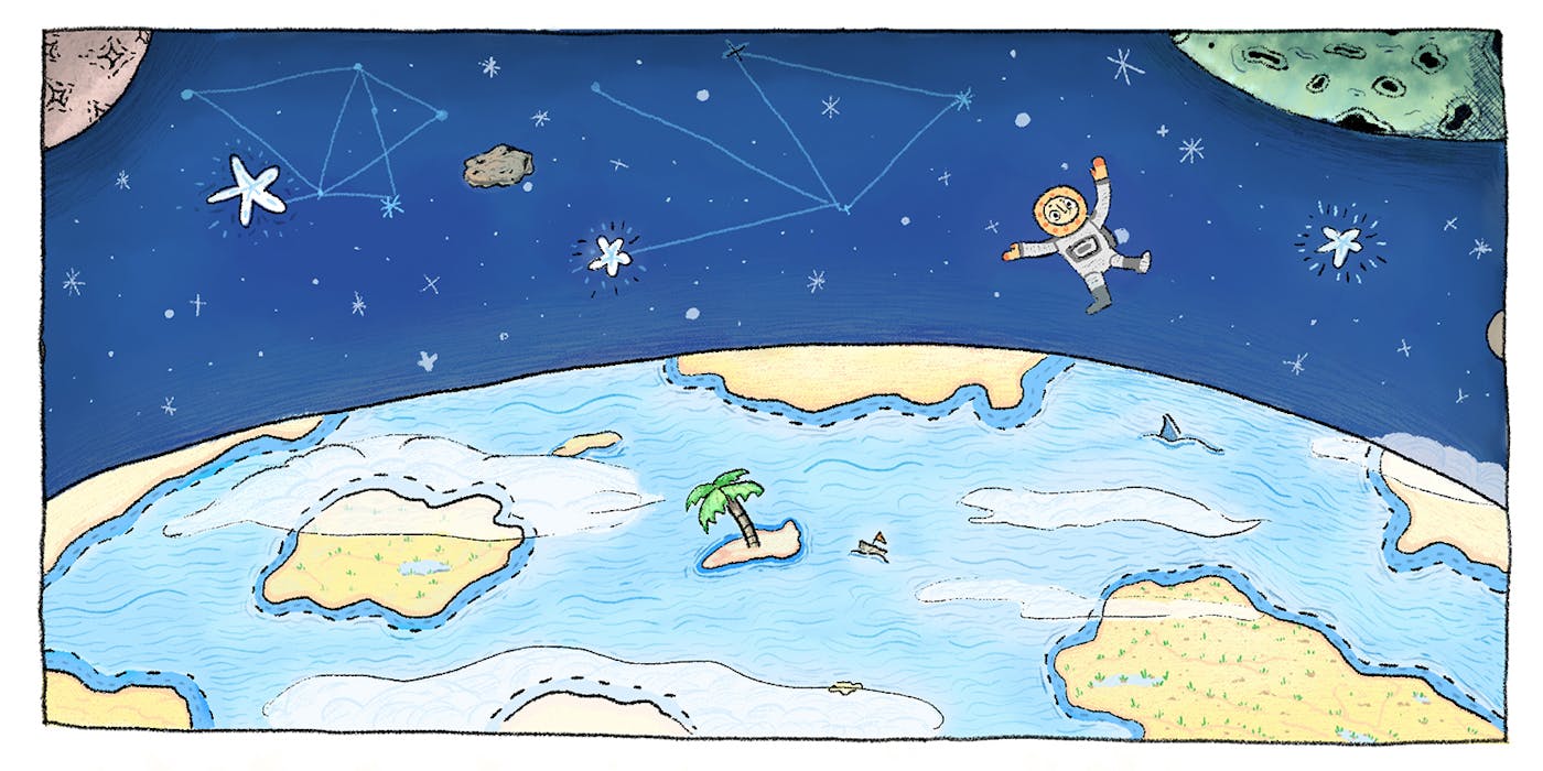 Illustration of a earth in space, whilst a little space man floats around