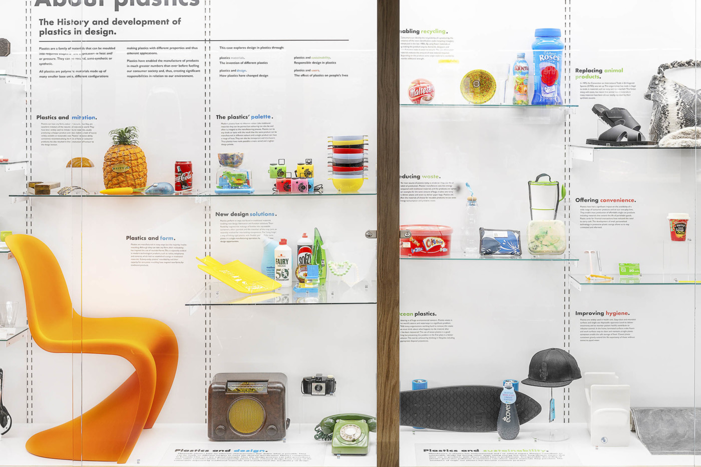 A glass cabinet displaying various plastic objects
